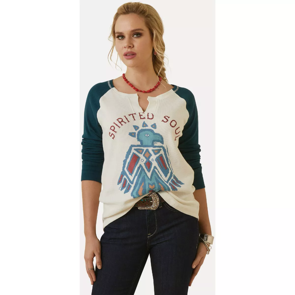 Ariat Women's M Coconut Milk/Reflecting Pond Spirited Soul Top, Relaxed Fit
