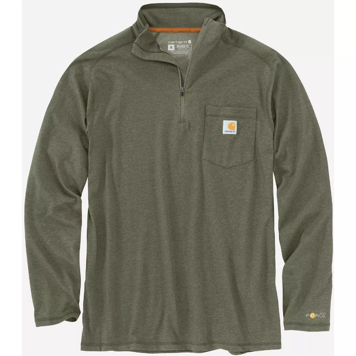 Carhartt Force Men's Medium Regular Basil Heather Midweight Long Sleeve Quarter-Zip Mock-Neck T-Shirt, Relaxed Fit