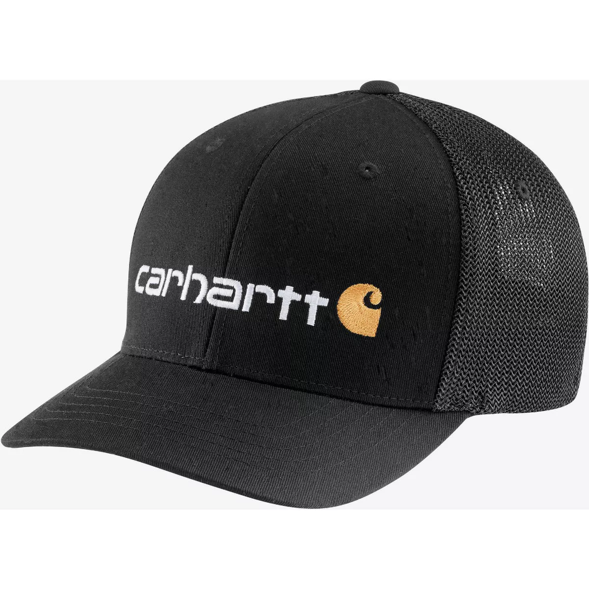 Carhartt Rugged Flex Men's Black Fitted Canvas Mesh-Back Logo Graphic Cap, M/L