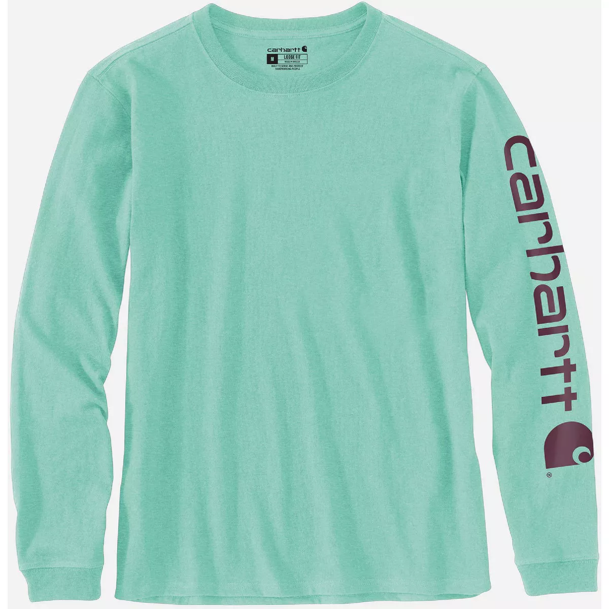 Carhartt Women's XL Regular Sea Green Heather Heavyweight Long Sleeve Logo Sleeve Graphic T-Shirt, Loose Fit