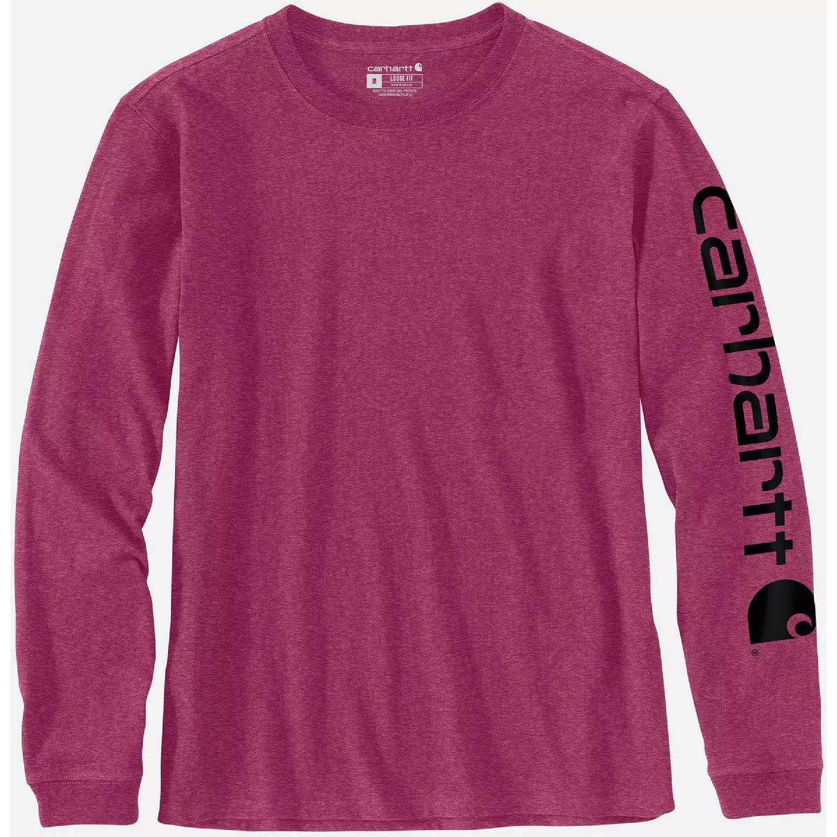 Carhartt Women's Large Regular Beet Red Heather Heavyweight Long Sleeve Logo Sleeve Graphic T-Shirt, Loose Fit