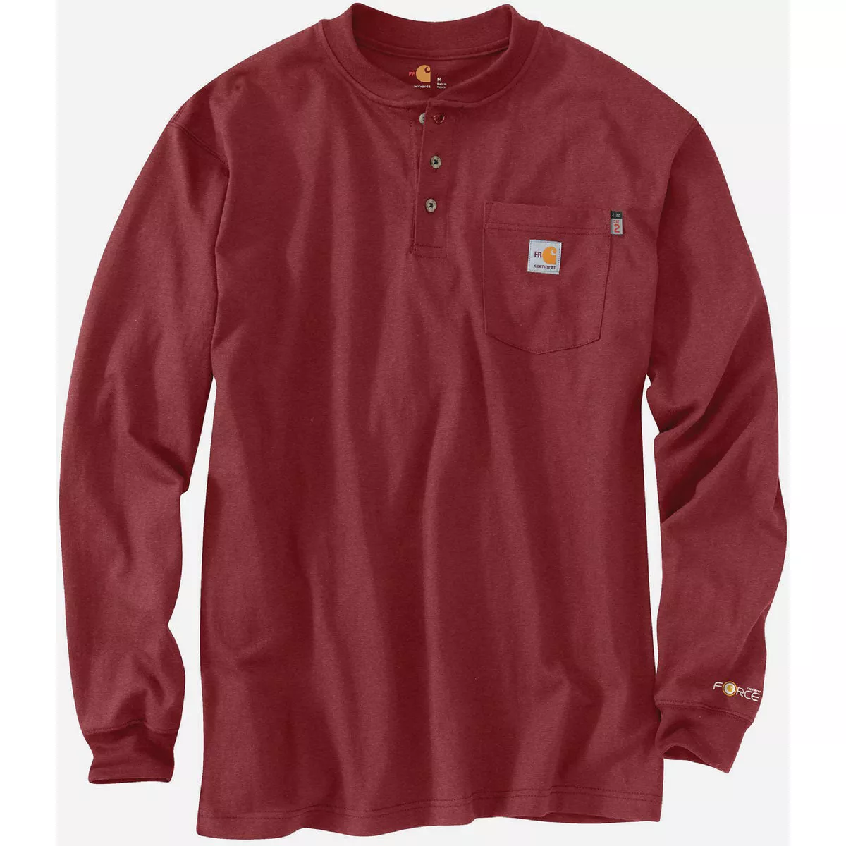 Carhartt Force Men's Medium Regular Dark Barn Red Long Sleeve Flame-Resistant Cotton Henley