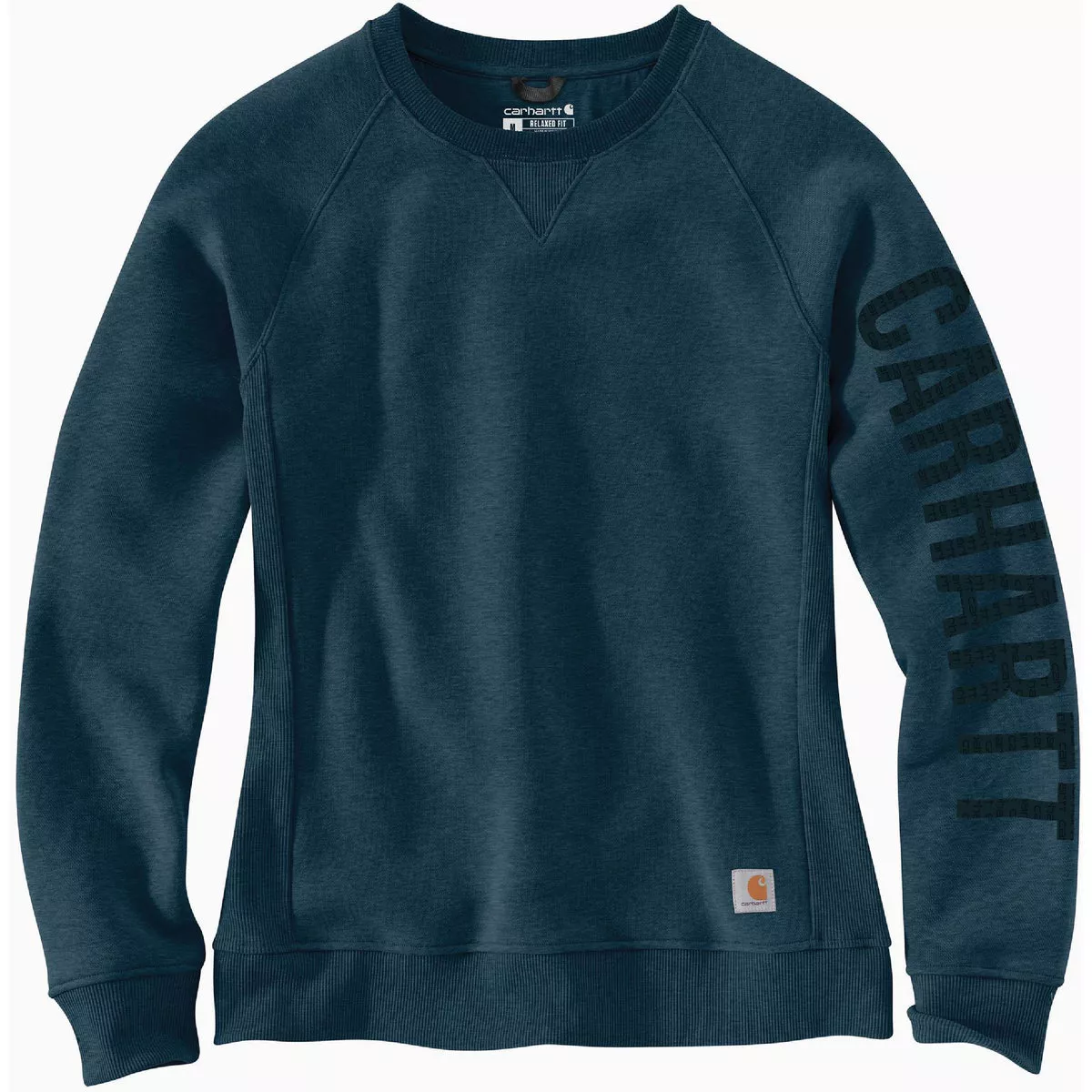 Carhartt Women's XS Regular Night Blue Heather Midweight Block Logo Sleeve Graphic Crewneck Sweatshirt, Relaxed Fit