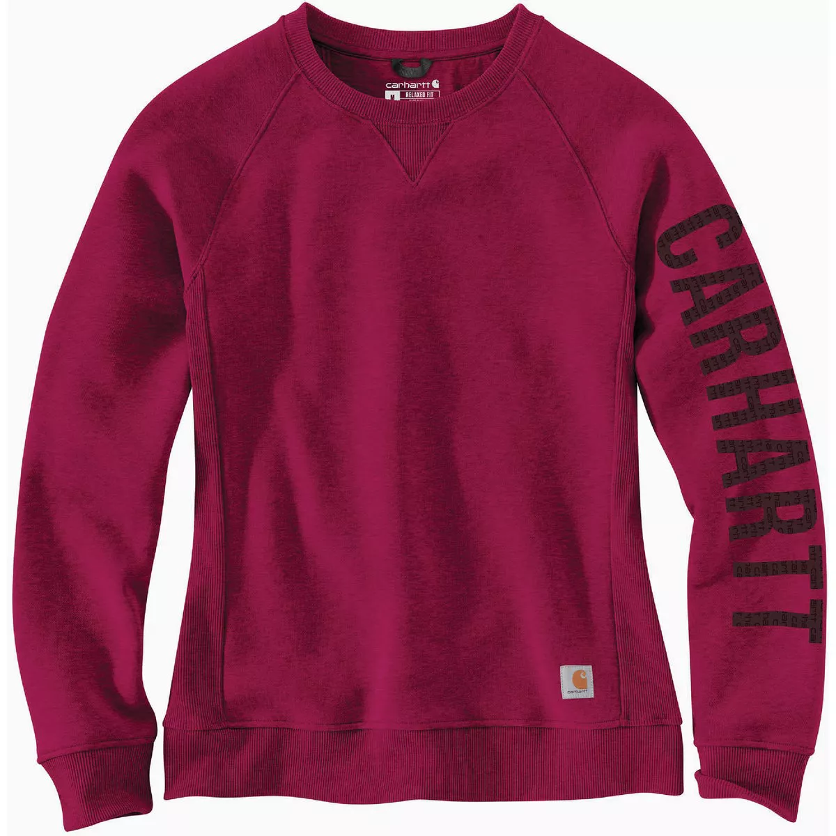 Carhartt Women's XS Regular Beet Red Heather Midweight Block Logo Sleeve Graphic Crewneck Sweatshirt, Relaxed Fit