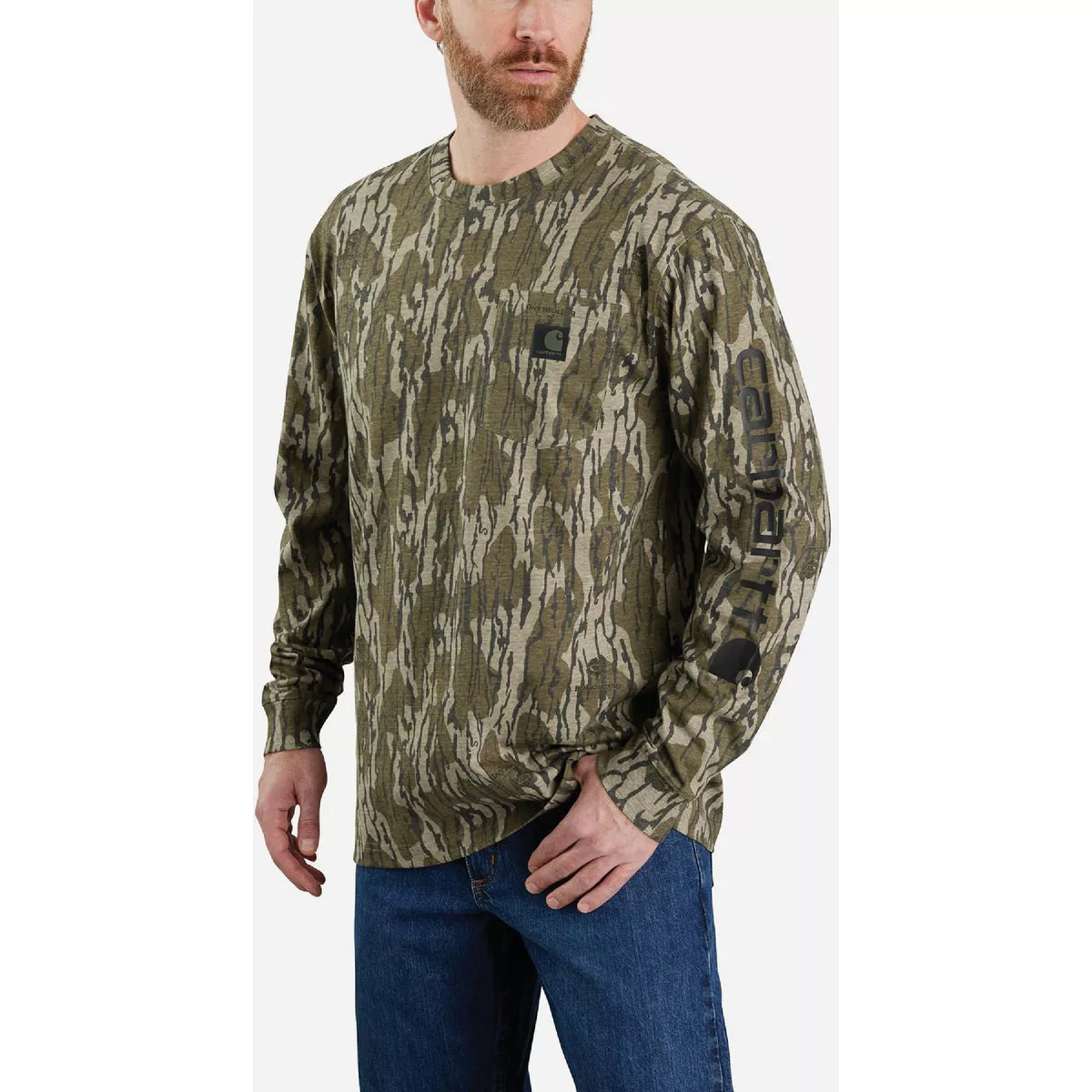 Carhartt Men's 3XL Tall Mossy Oak Bottomland Camo Long Sleeve Heavyweight Pocket Camo Logo Graphic T-Shirt, Loose Fit