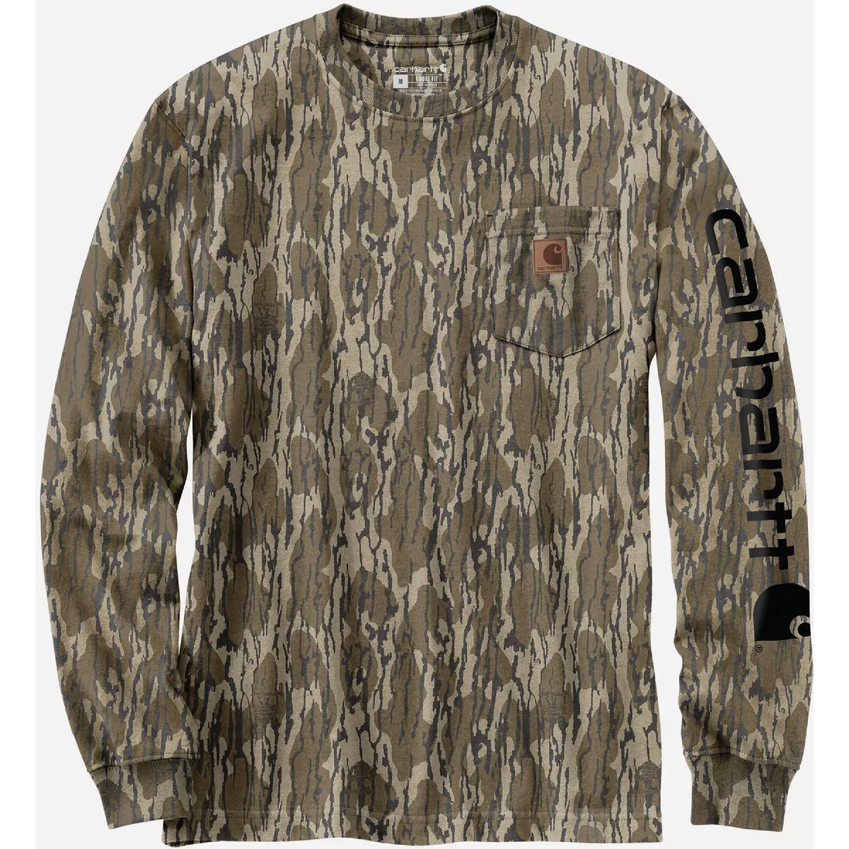 Carhartt Men's 3XL Regular Mossy Oak Bottomland Camo Long Sleeve Heavyweight Pocket Camo Logo Graphic T-Shirt, Loose Fit