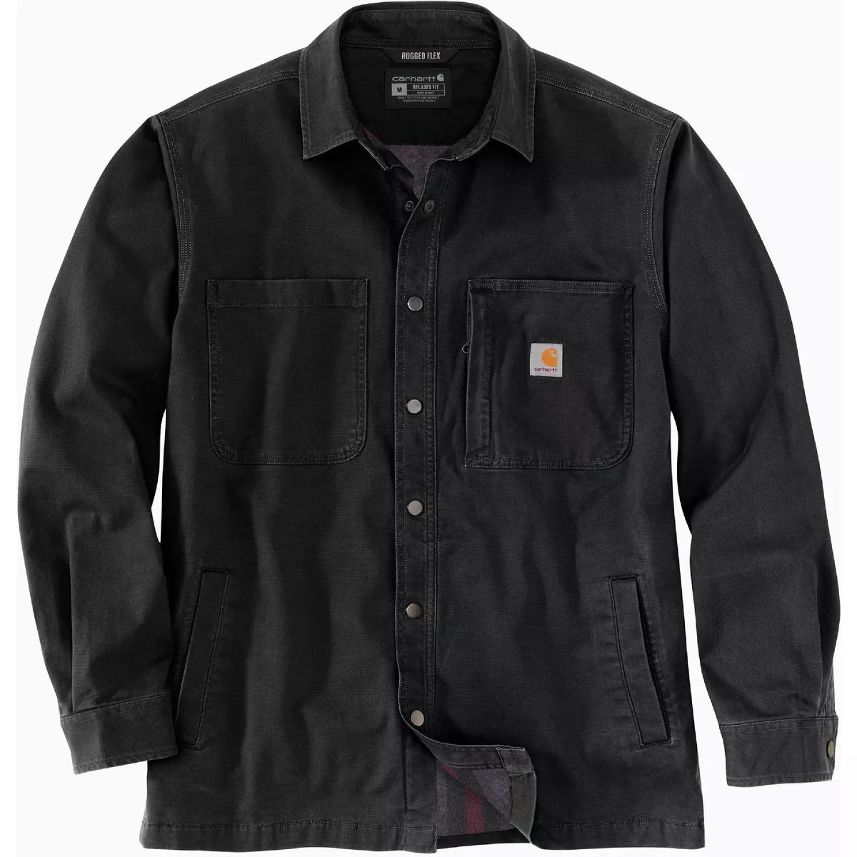 Carhartt Rugged Flex Men's 4XL Regular Black Canvas Fleece-Lined Snap-Front Shirt Jac, Relaxed Fit