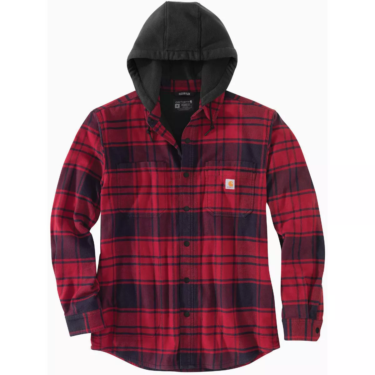 Carhartt Rugged Flex Men's Large Regular Oxblood Flannel Fleece Lined Hooded Shirt Jacket, Relaxed Fit