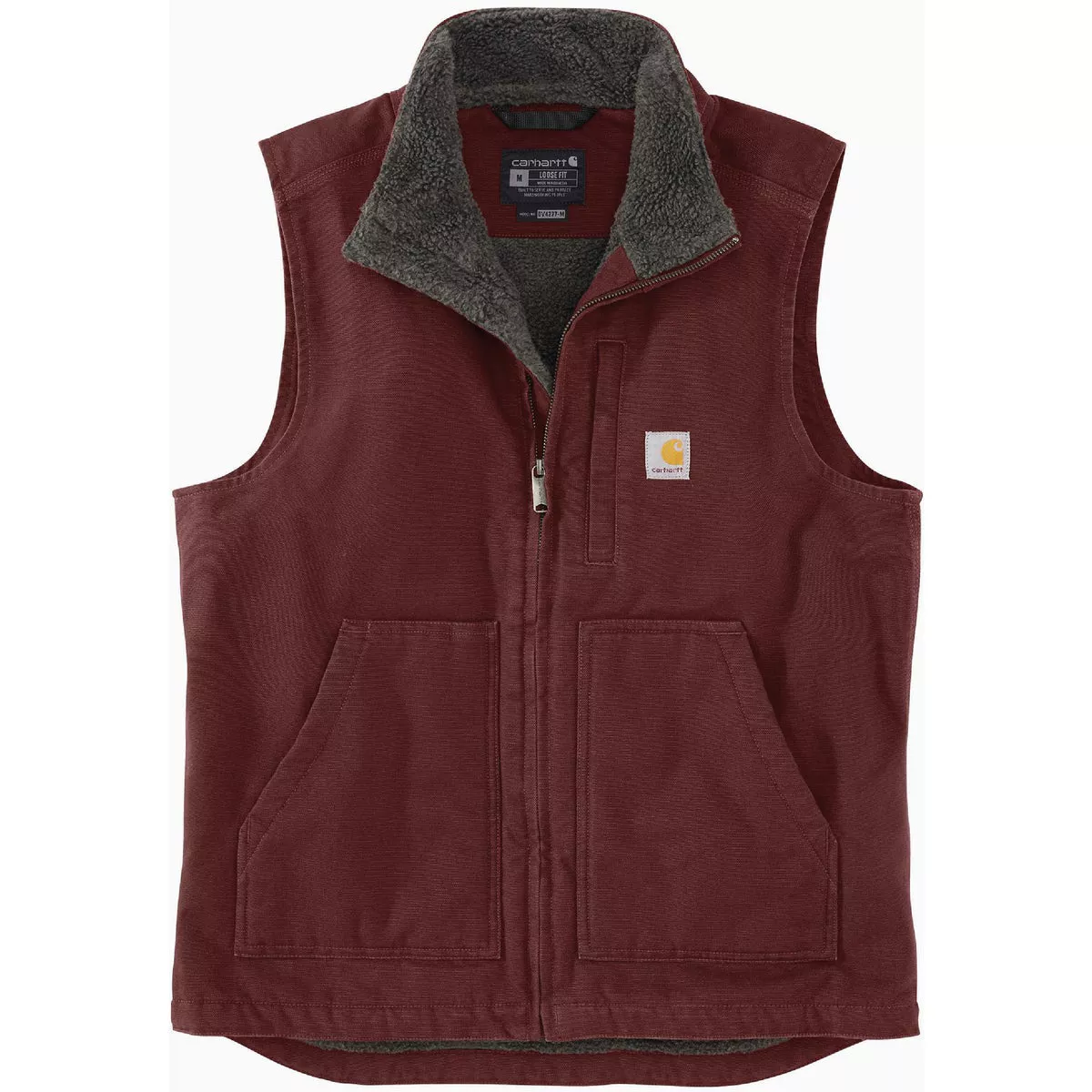 Carhartt Men's 2XL Regular Dark Cedar Washed Duck Sherpa-Lined Mock-Neck Vest, Loose Fit