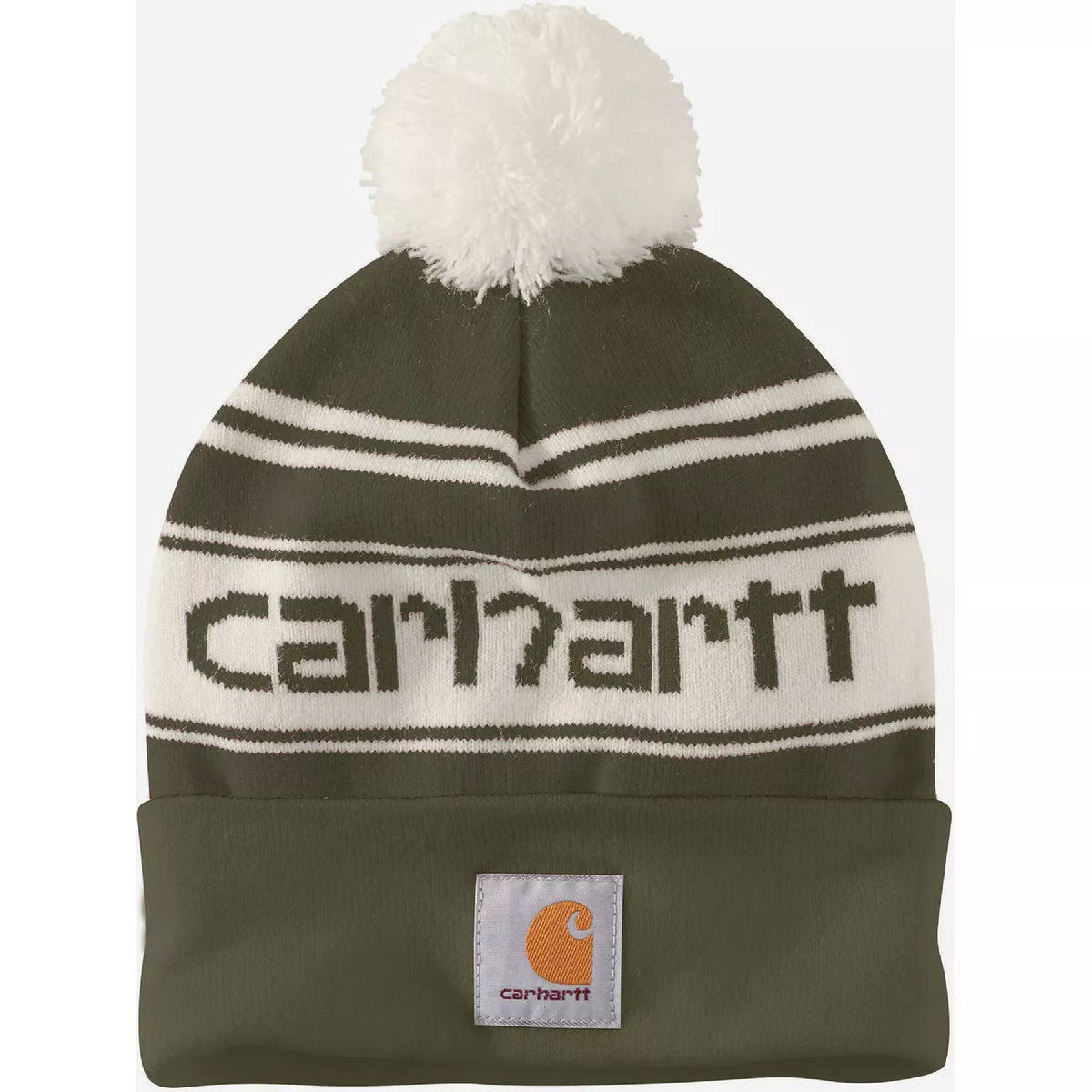 Carhartt Men's Knit Pom-Pom Cuffed Logo Beanie, Arborvitae