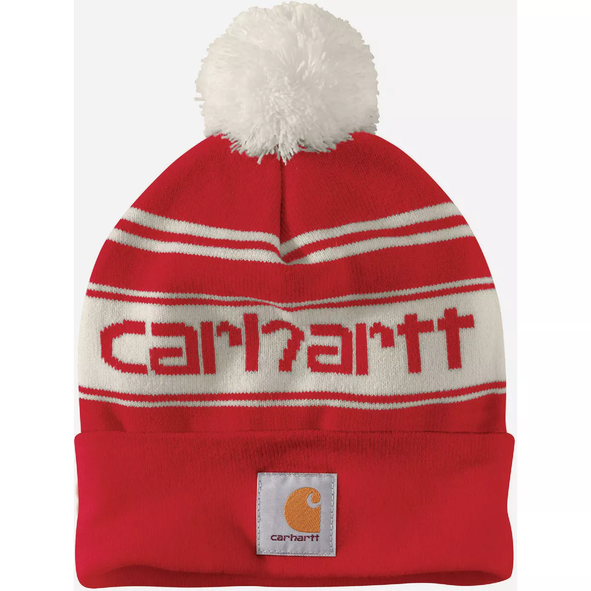 Carhartt Men's Knit Pom-Pom Cuffed Logo Beanie, Red/Winter White