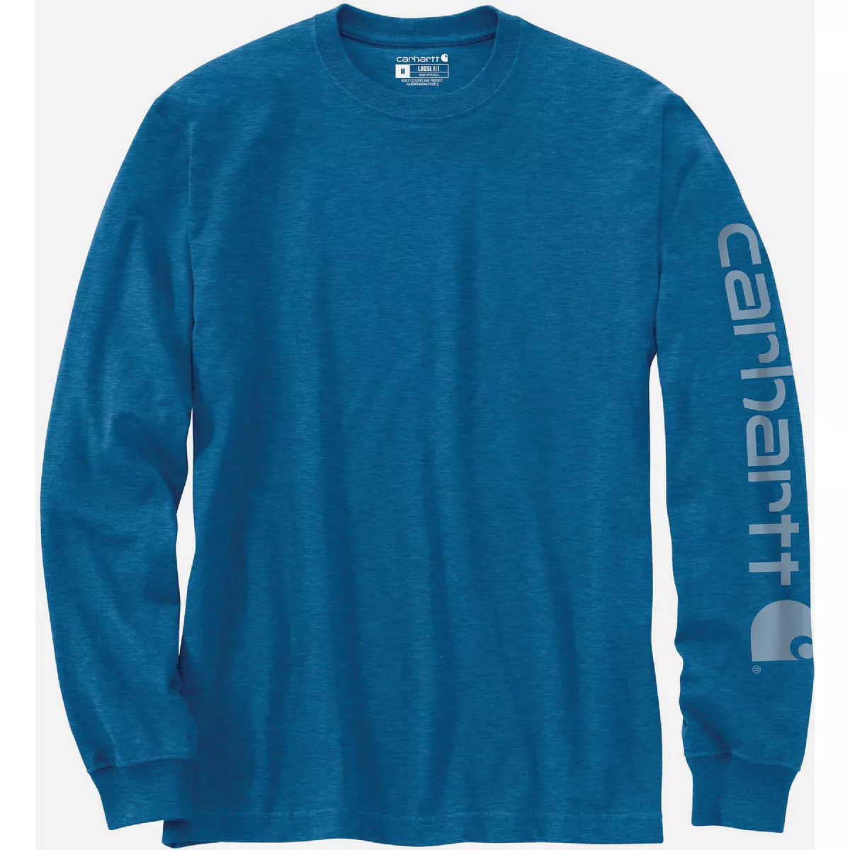 Carhartt Men's Large Tall Marine Blue Heather Heavyweight Long Sleeve Logo Sleeve Graphic T-Shirt, Loose Fit