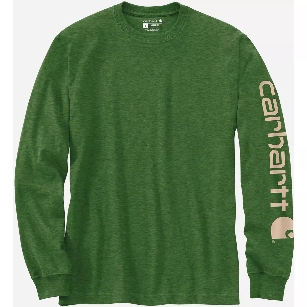Carhartt Men's Large Regular Arborvitae Heather Heavyweight Long Sleeve Logo Sleeve Graphic T-Shirt, Loose Fit