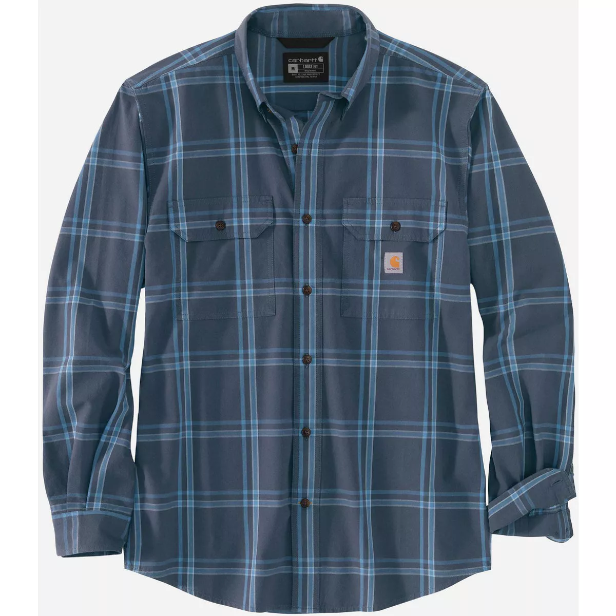 Carhartt Men's 2XL Regular Bluestone Long Sleeve Midweight Chambray Plaid Button Down Shirt, Loose Fit