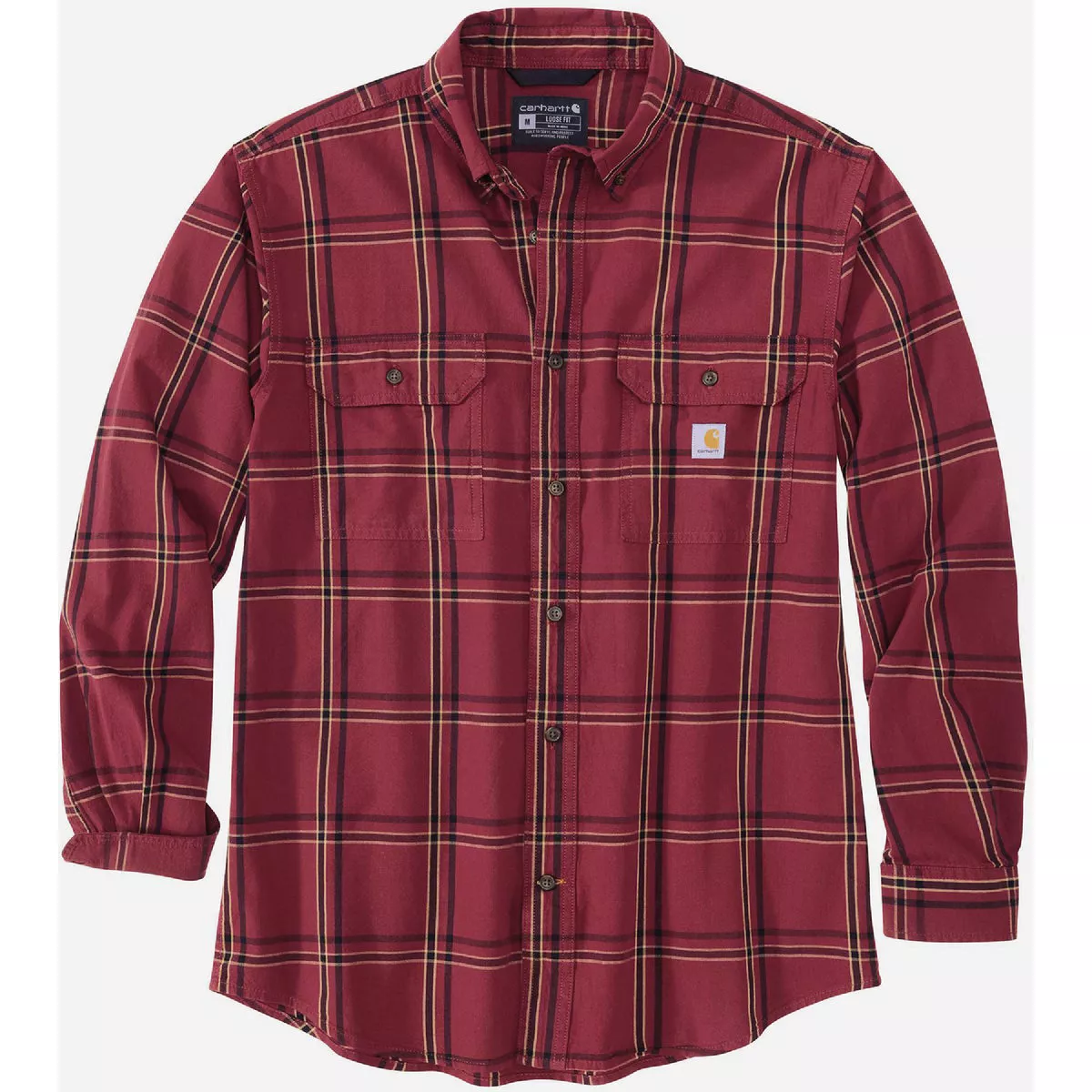 Carhartt Men's Medium Regular Dark Barn Red Long Sleeve Midweight Chambray Plaid Button Down Shirt, Loose Fit