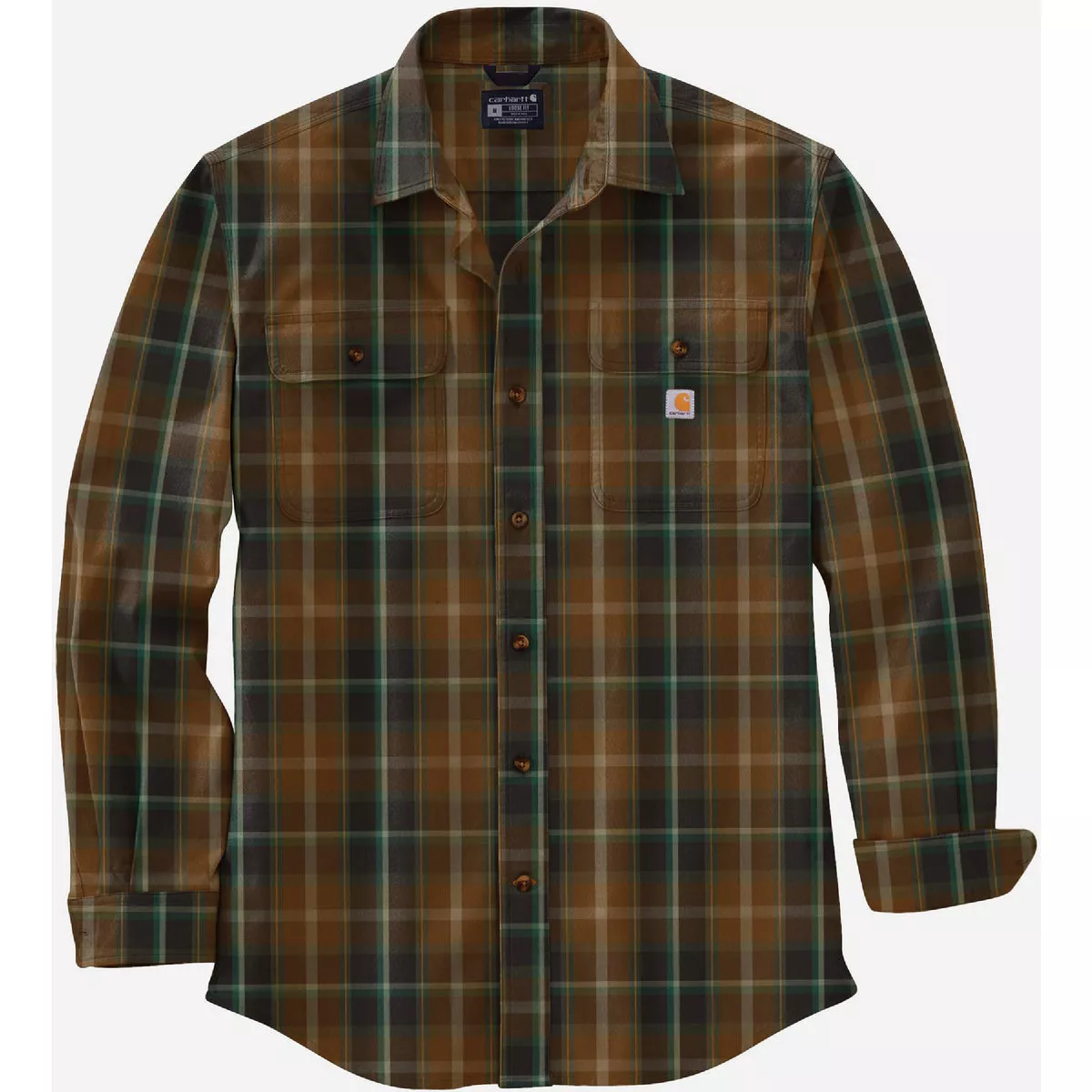 Carhartt Men's 3XL Regular Oiled Walnut Long Sleeve Heavyweight Flannel Plaid Button Down Shirt, Loose Fit
