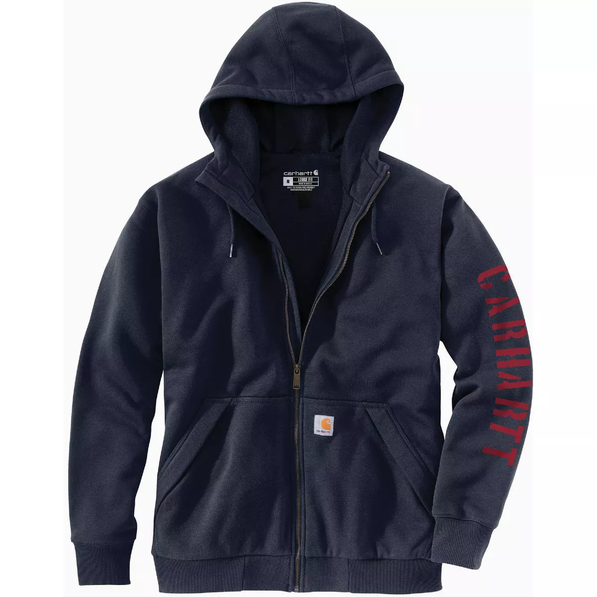 Carhartt Rain Defender Men's Large Regular New Navy Fleece-Lined Logo Graphic Full Zip Sweatshirt, Loose Fit