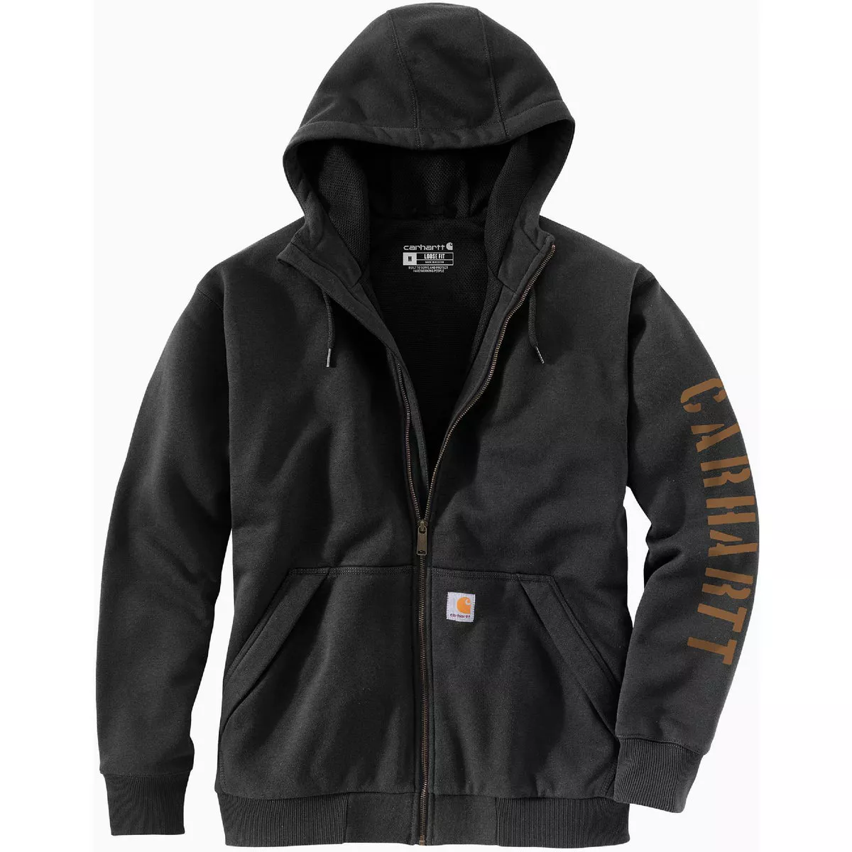 Carhartt Rain Defender Men's XL Regular Black Fleece-Lined Logo Graphic Full Zip Sweatshirt, Loose Fit