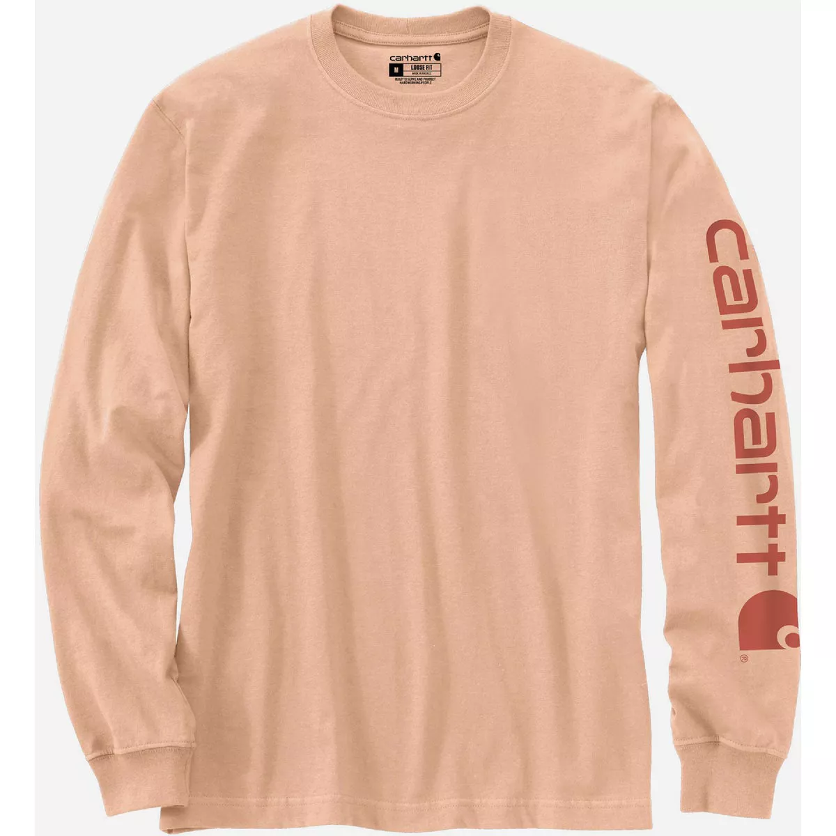 Carhartt Men's Small Regular Pale Apricot Heavyweight Long Sleeve Logo Sleeve Graphic T-Shirt, Loose Fit