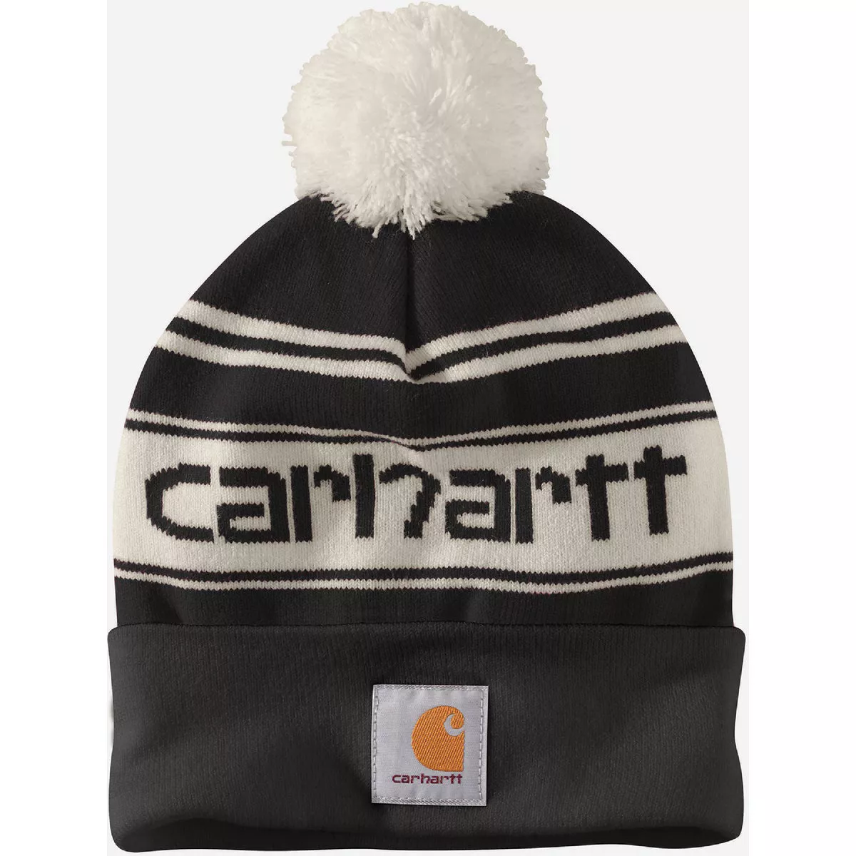 Carhartt Men's Knit Pom-Pom Cuffed Logo Beanie, Black/Winter White Marl