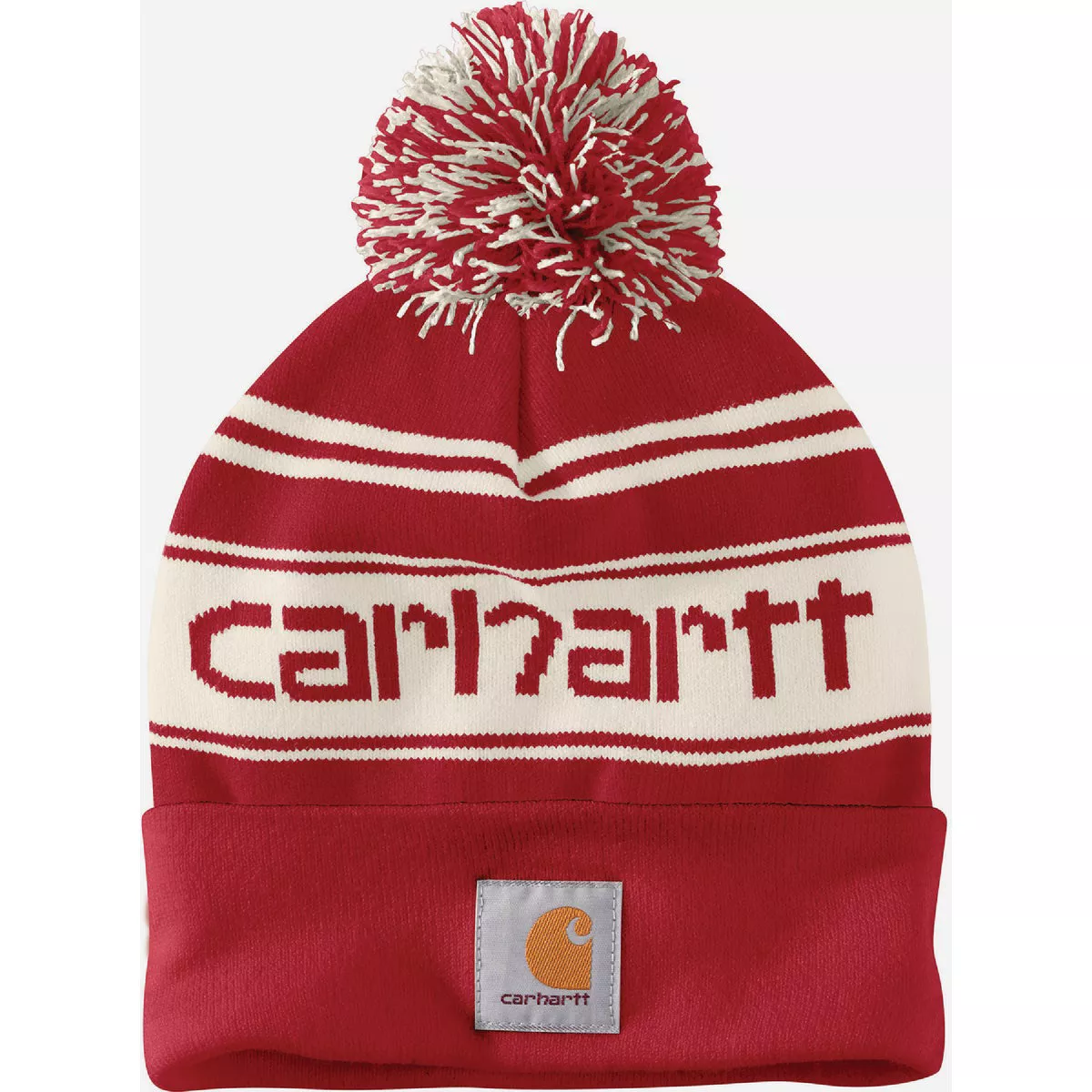 Carhartt Men's Knit Pom-Pom Cuffed Logo Beanie, Red/Winter White Marl