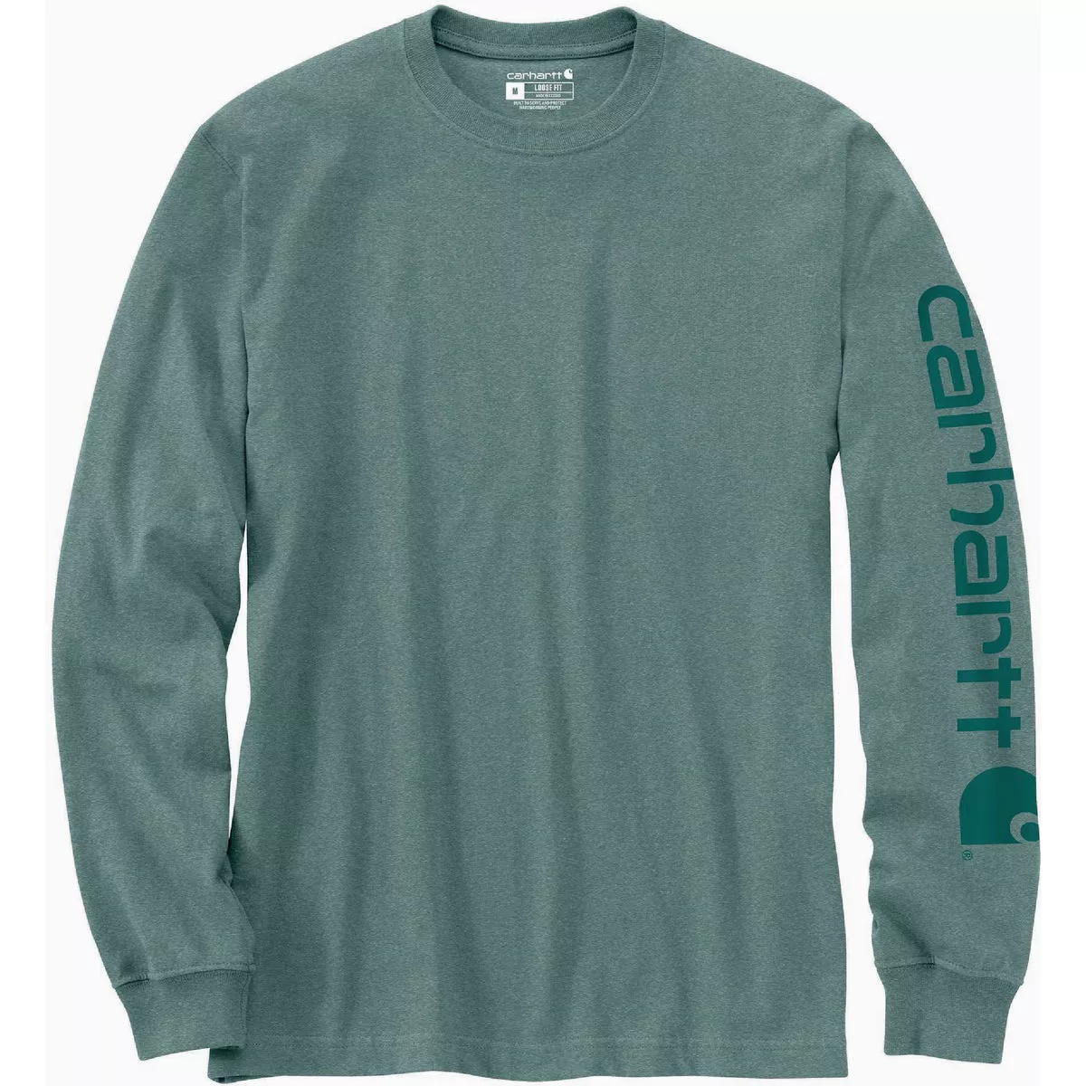 Carhartt Men's L Tall Sea Pine Heather Heavyweight Long Sleeve Logo Sleeve Graphic T-Shirt, Loose Fit