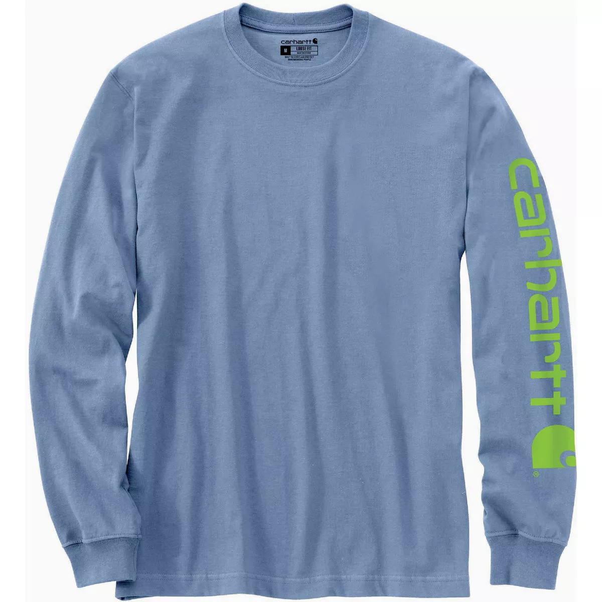 Carhartt Men's Small Regular Skystone Heavyweight Long Sleeve Logo Sleeve Graphic T-Shirt, Loose Fit