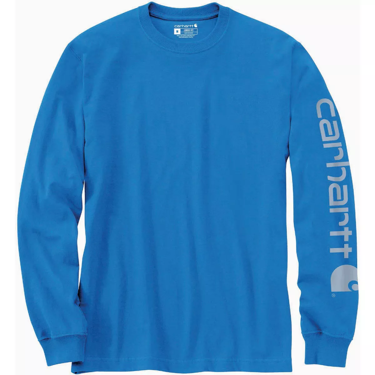 Carhartt Men's L Regular Blue Glow Heavyweight Long Sleeve Logo Sleeve Graphic T-Shirt, Loose Fit