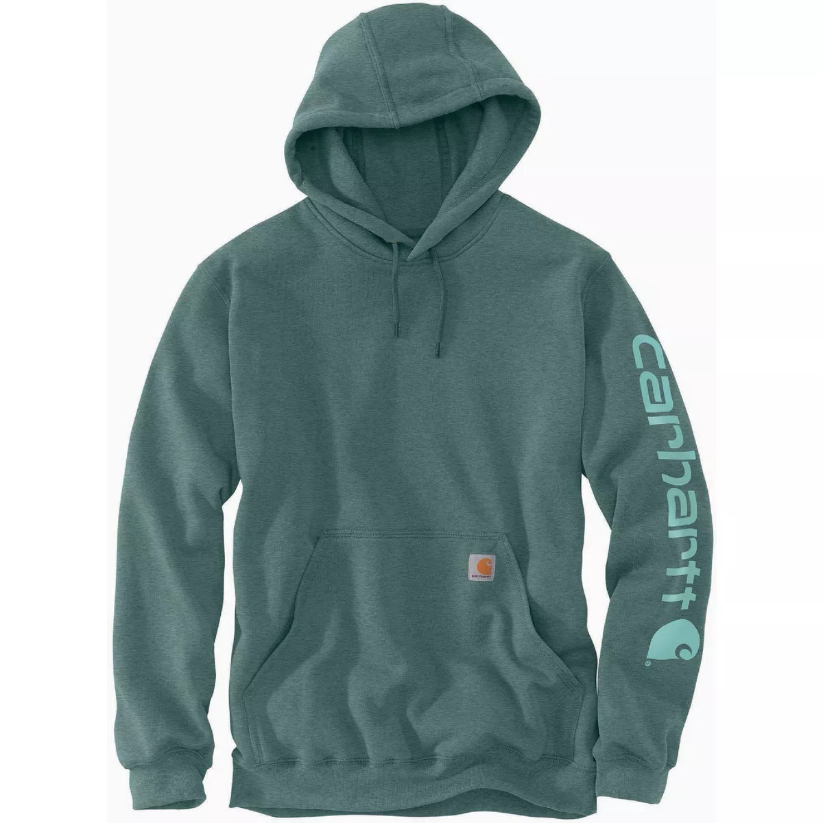 Carhartt Men's 4XL Regular Sea Pine Heather Midweight Logo Sleeve Graphic Pullover Hooded Sweatshirt, Loose Fit