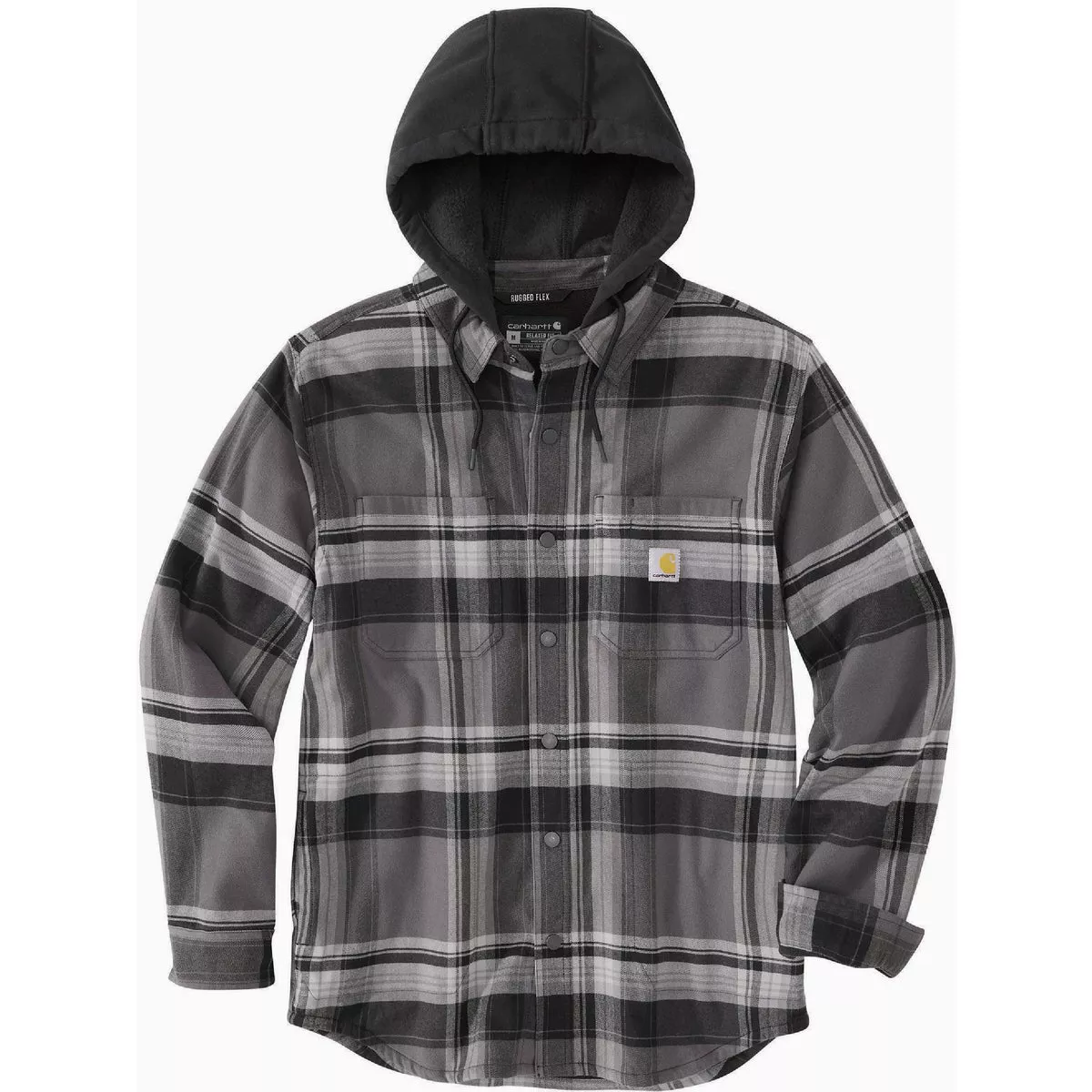 Carhartt Rugged Flex Men's Large Tall Black Flannel Fleece Lined Hooded Shirt Jacket, Relaxed Fit