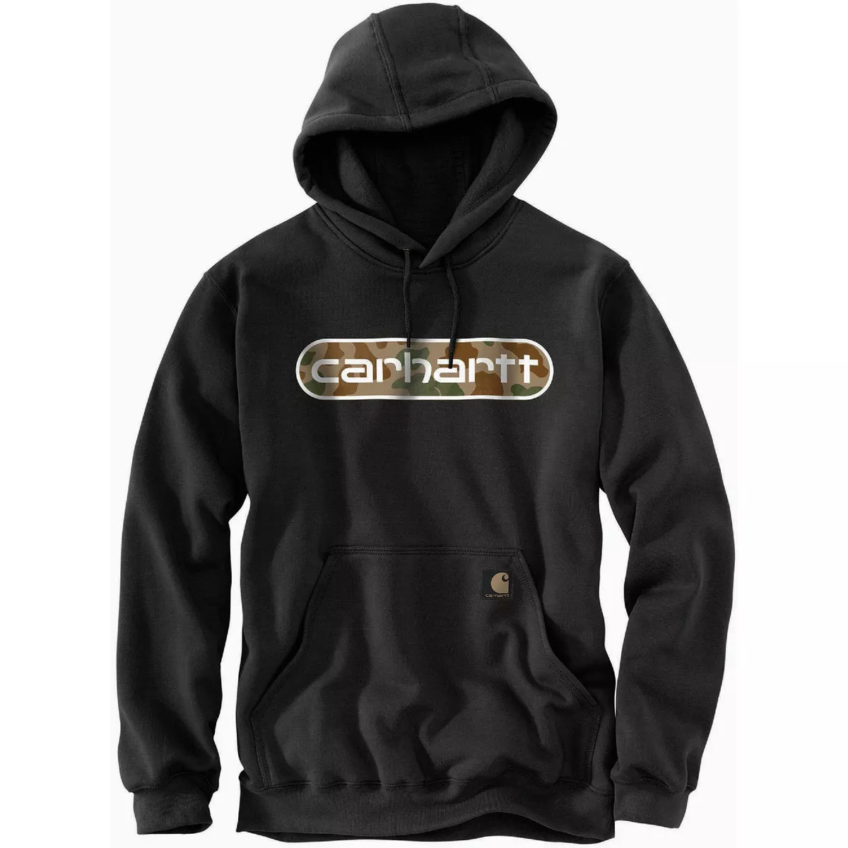 Carhartt Men's Small Regular Black Midweight Camo Logo Graphic Pullover Hoodie, Loose Fit