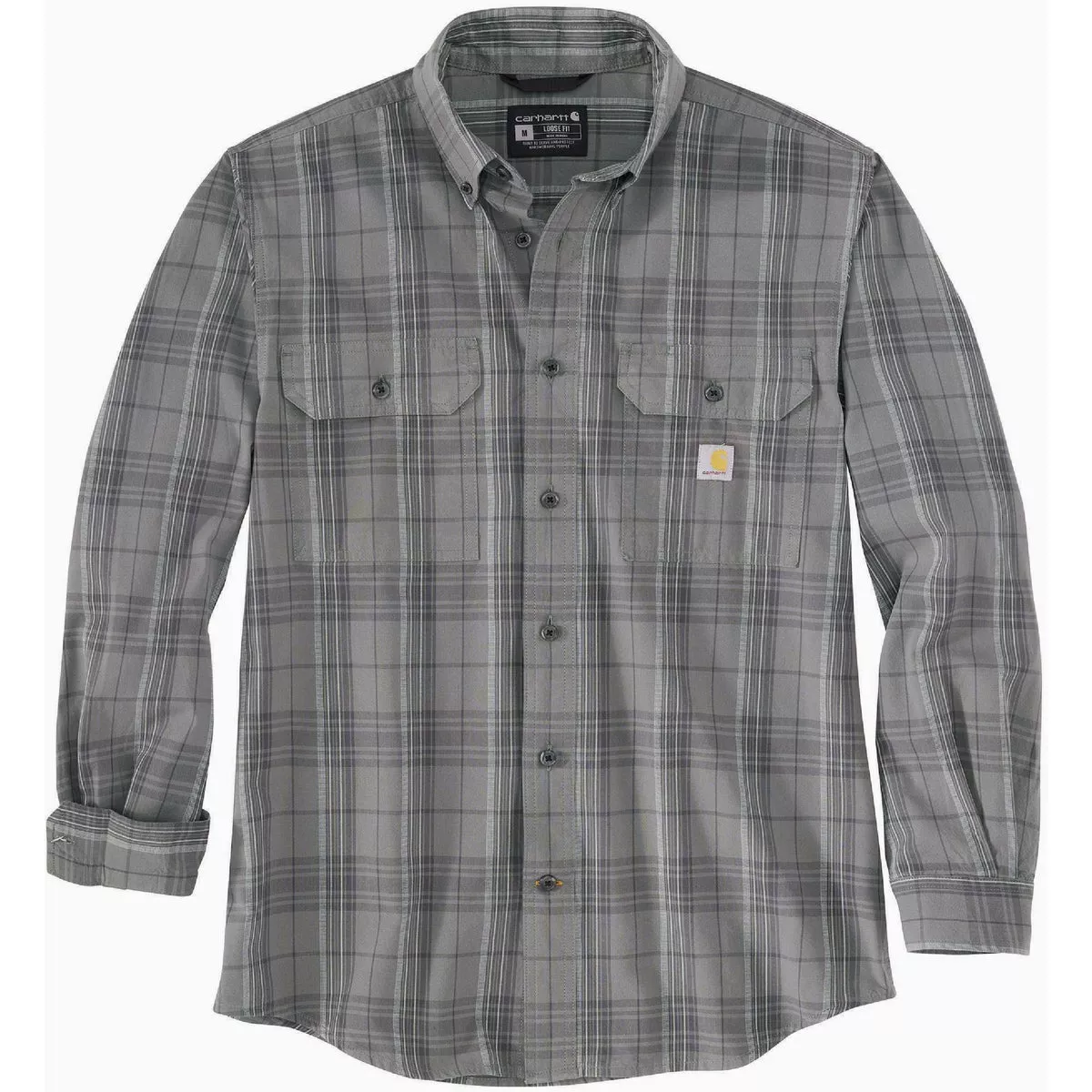 Carhartt Men's XL Regular Steel Midweight Chambray Long Sleeve Plaid Button Down Shirt, Loose Fit