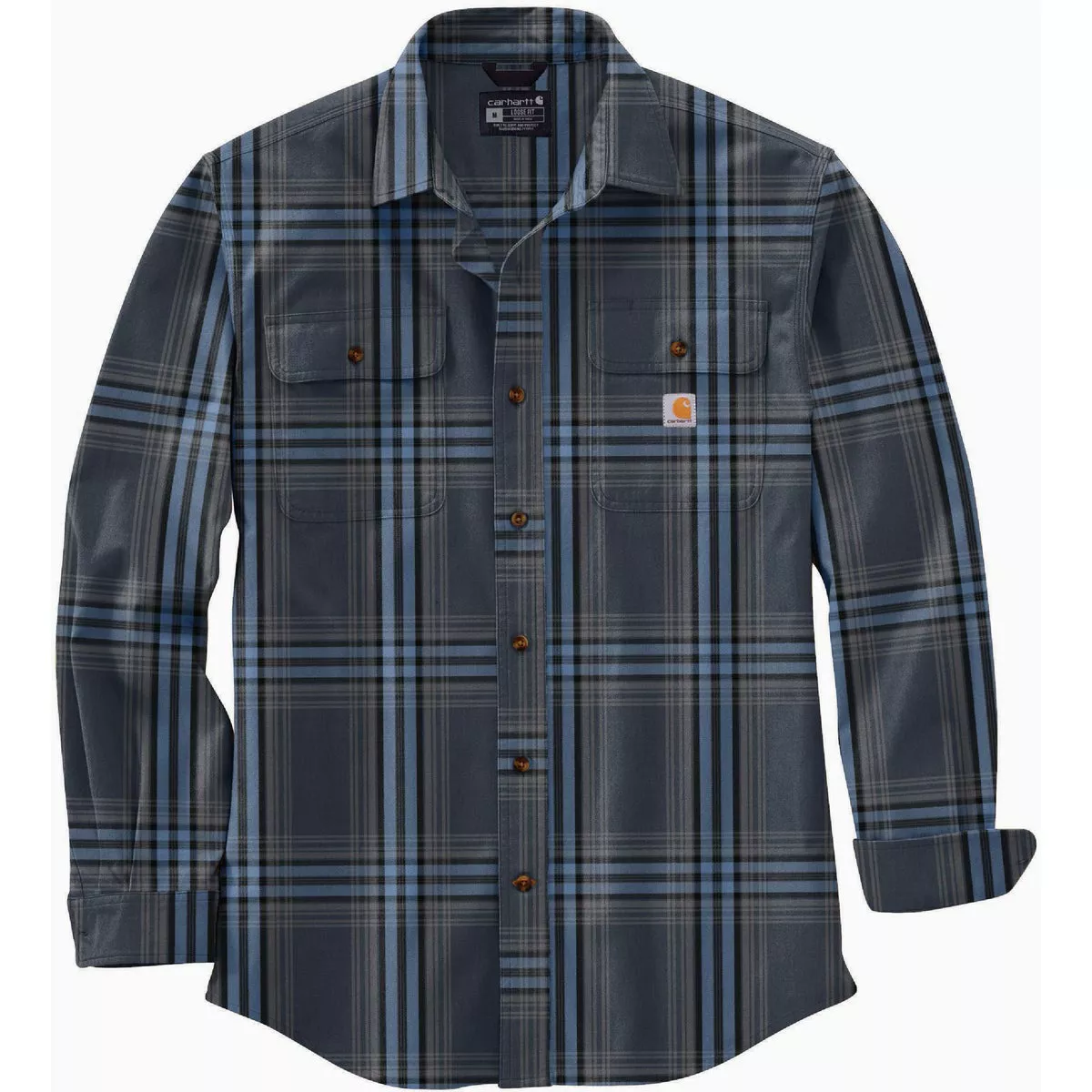 Carhartt Men's Large Regular Navy Heavyweight Flannel Long Sleeve Plaid Button Down Shirt, Loose Fit