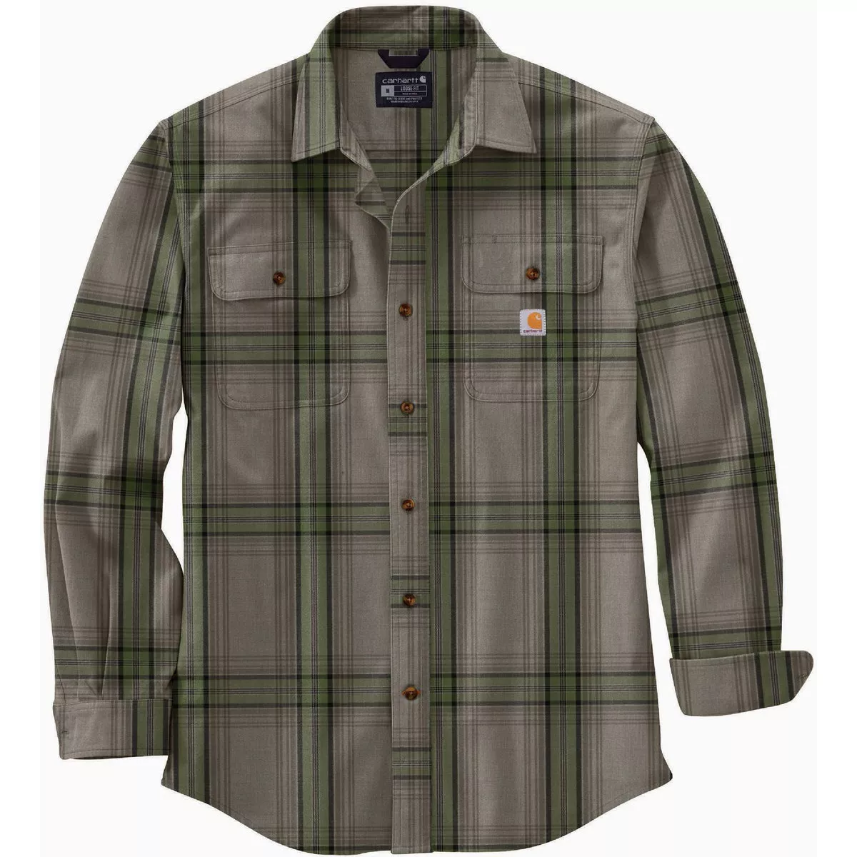 Carhartt Men's Small Regular Chive Heavyweight Flannel Long Sleeve Plaid Button Down Shirt, Loose Fit