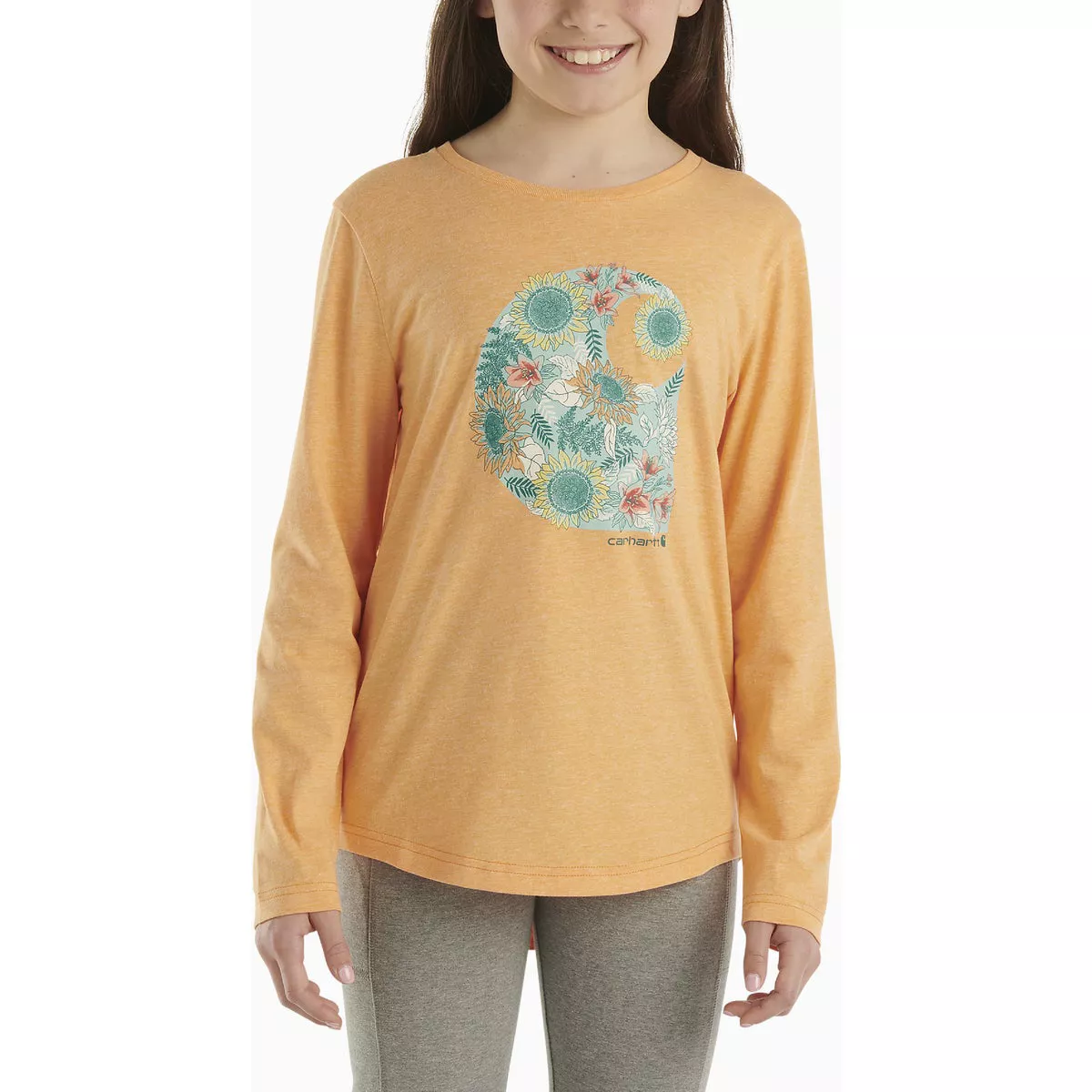 Carhartt Girls' S (8) Tangerine Heather Long Sleeve Floral C T-Shirt
