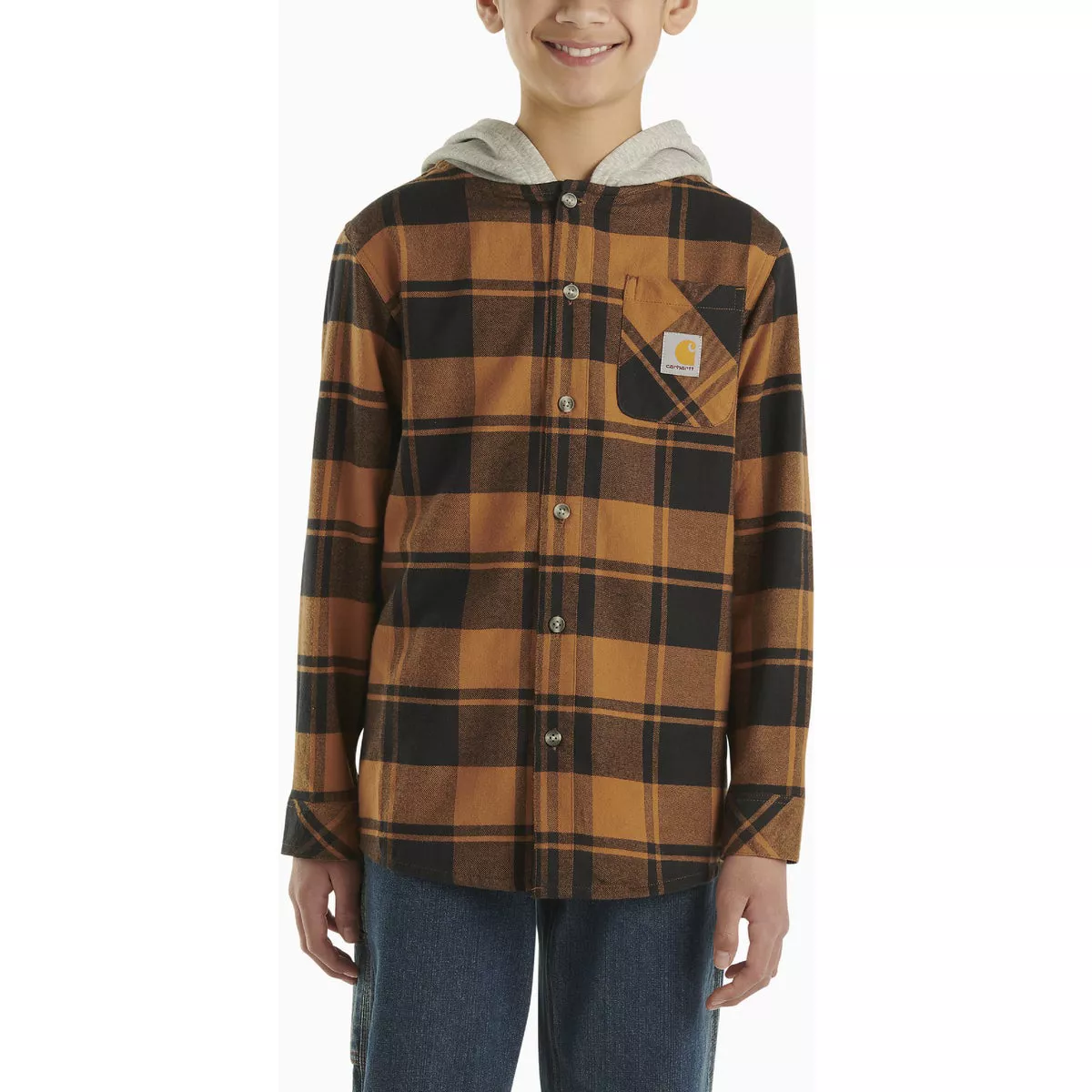 Carhartt Boys' 6 Brown Long Sleeve Flannel Button-Front Hooded Shirt
