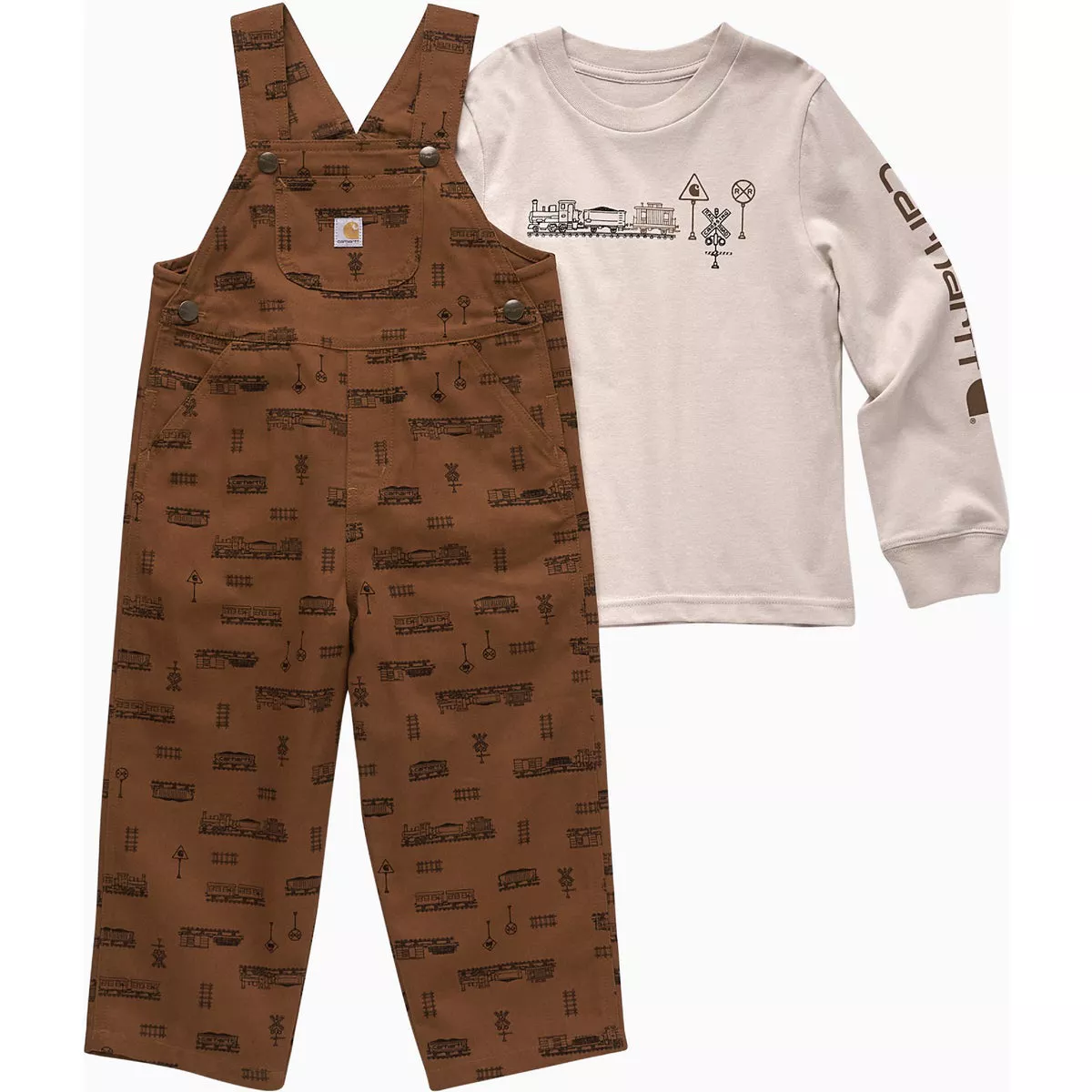 Carhartt Boys' 3T Brown Long Sleeve T-Shirt & Canvas Print Overall Set (2-Piece)