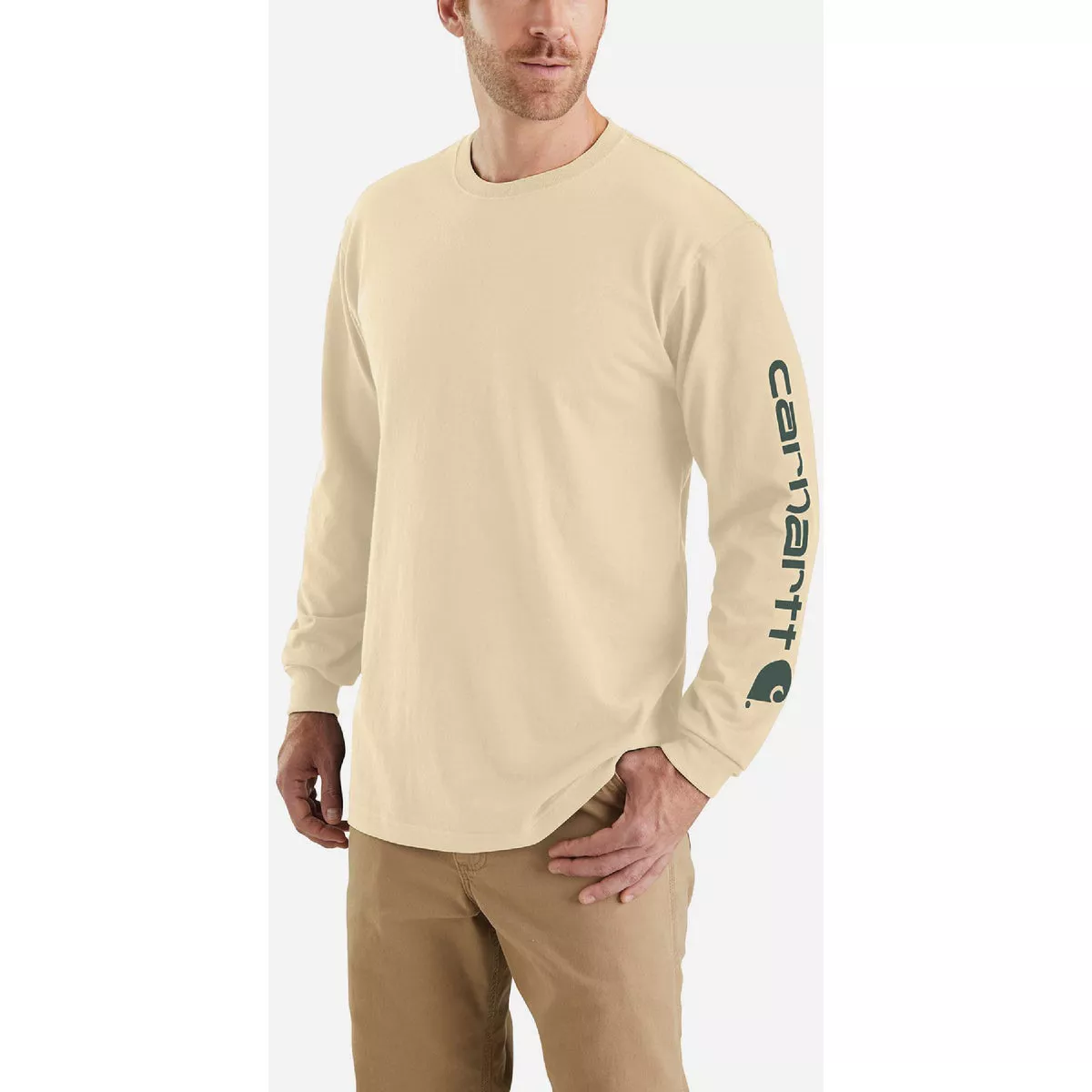 Carhartt Men's XS Regular Oak Milk Heavyweight Long Sleeve Logo Sleeve Graphic T-Shirt, Loose Fit- - photo 2