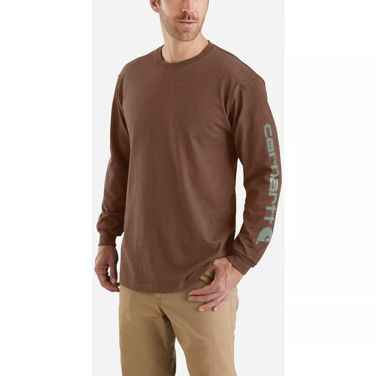 Carhartt Men's L Regular Mocha Heather Heavyweight Long Sleeve Logo Sleeve Graphic T-Shirt, Loose Fit - photo 3