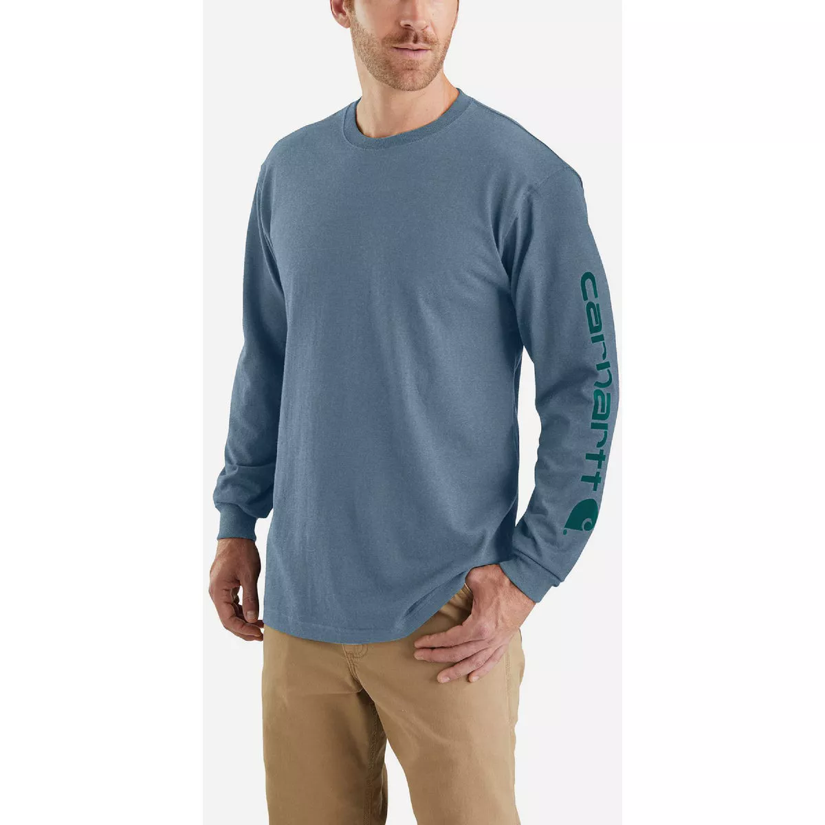 Carhartt Men's L Regular Thundercloud Heather Heavyweight Long Sleeve Logo Sleeve Graphic T-Shirt, Loose Fit - photo 3