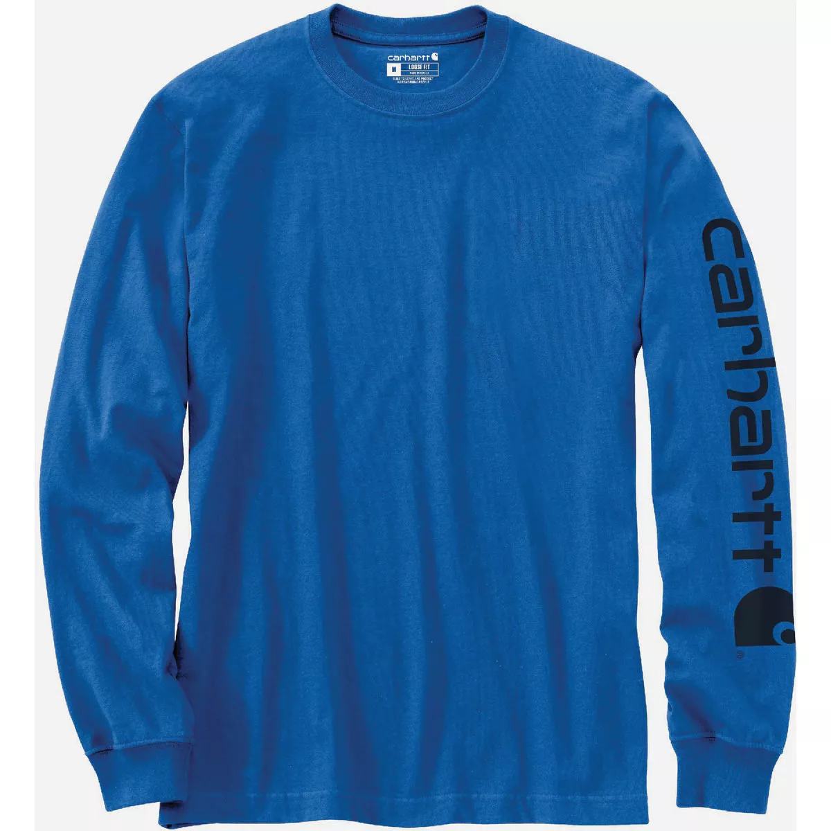 Carhartt Men's S Regular Beacon Blue Heather Heavyweight Long Sleeve Logo Sleeve Graphic T-Shirt, Loose Fit