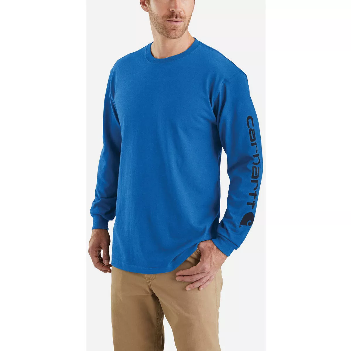 Carhartt Men's S Regular Beacon Blue Heather Heavyweight Long Sleeve Logo Sleeve Graphic T-Shirt, Loose Fit - photo 2