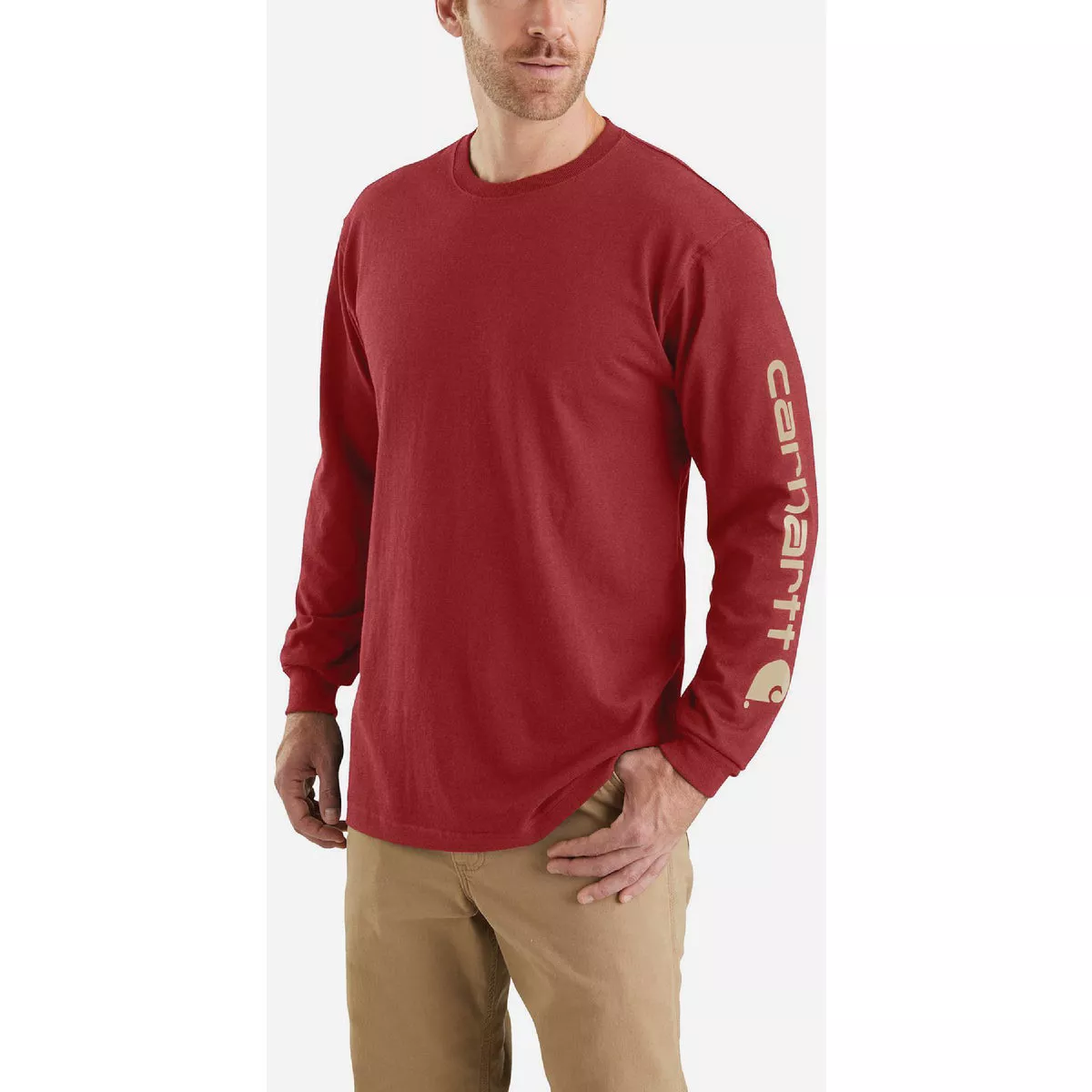 Carhartt Men's S Regular Crabapple Heather Heavyweight Long Sleeve Logo Sleeve Graphic T-Shirt, Loose Fit - photo 2