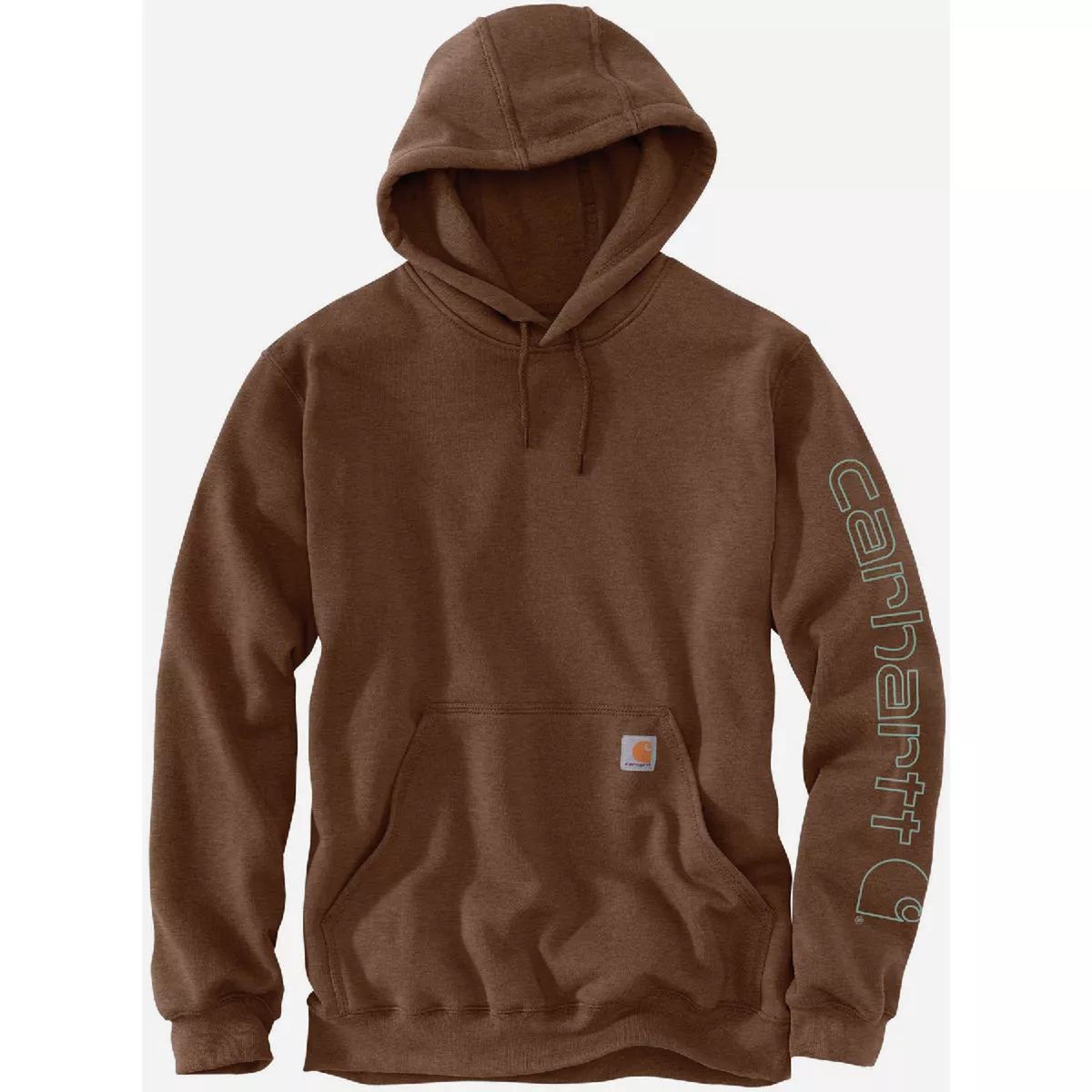 Carhartt Men's M Regular Mocha Heather Midweight Logo Sleeve Graphic Pullover Hooded Sweatshirt, Loose Fit