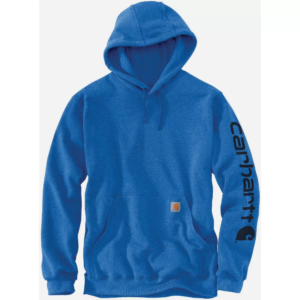 Carhartt Men's S Regular Beacon Blue Heather Midweight Logo Sleeve Graphic Pullover Hooded Sweatshirt, Loose Fit