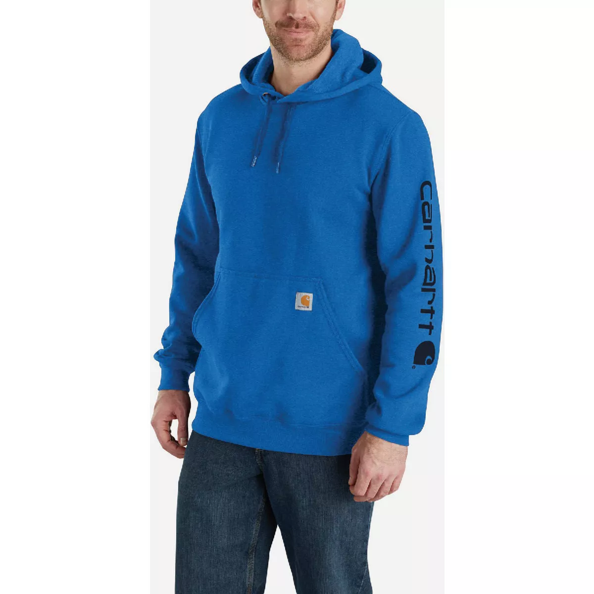 Carhartt Men's S Regular Beacon Blue Heather Midweight Logo Sleeve Graphic Pullover Hooded Sweatshirt, Loose Fit - photo 2