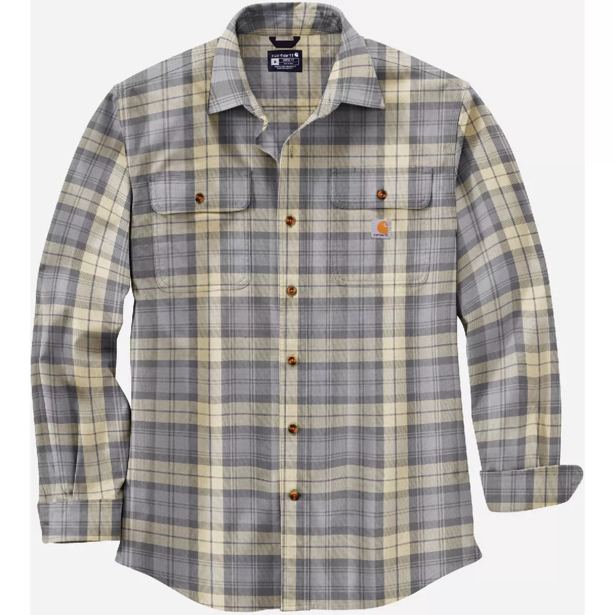 Carhartt Men's 2XL Regular Carhartt Gray Heavyweight Flannel Long-Sleeve Button Down Plaid Shirt, Loose Fit