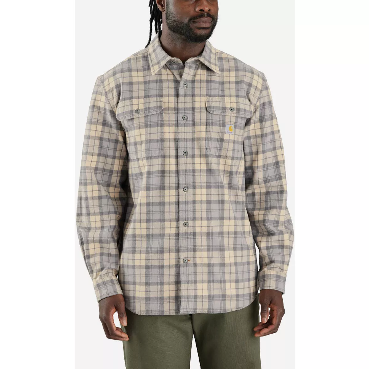 Carhartt Men's 2XL Regular Carhartt Gray Heavyweight Flannel Long-Sleeve Button Down Plaid Shirt, Loose Fit - photo 3