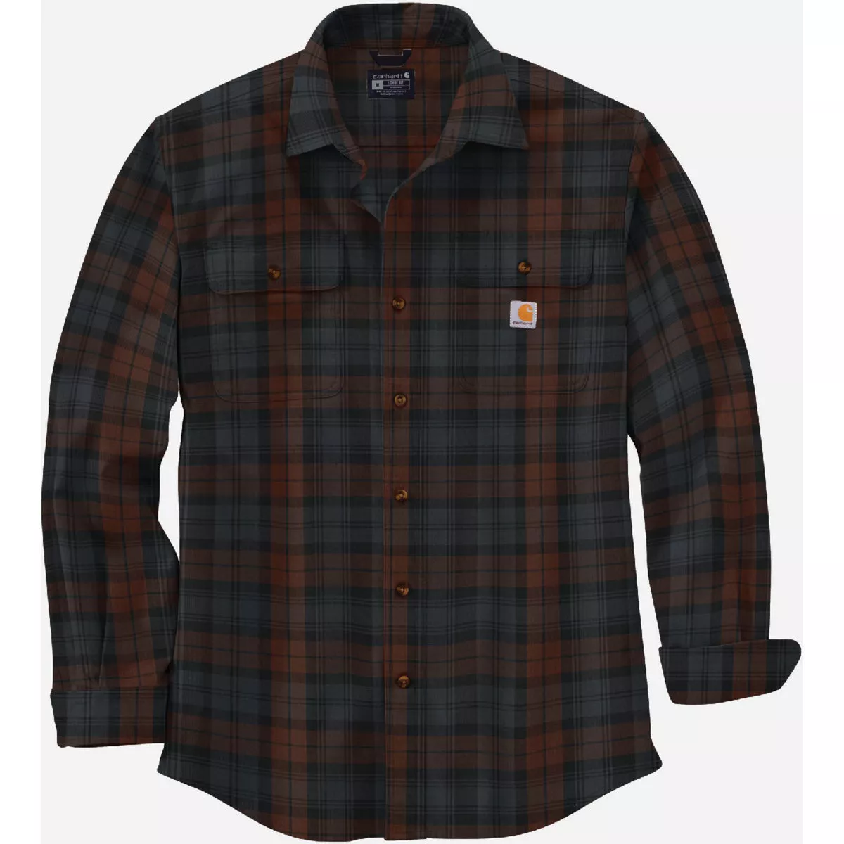 Carhartt Men's 3XL Regular Mocha Heavyweight Flannel Long-Sleeve Button Down Plaid Shirt, Loose Fit