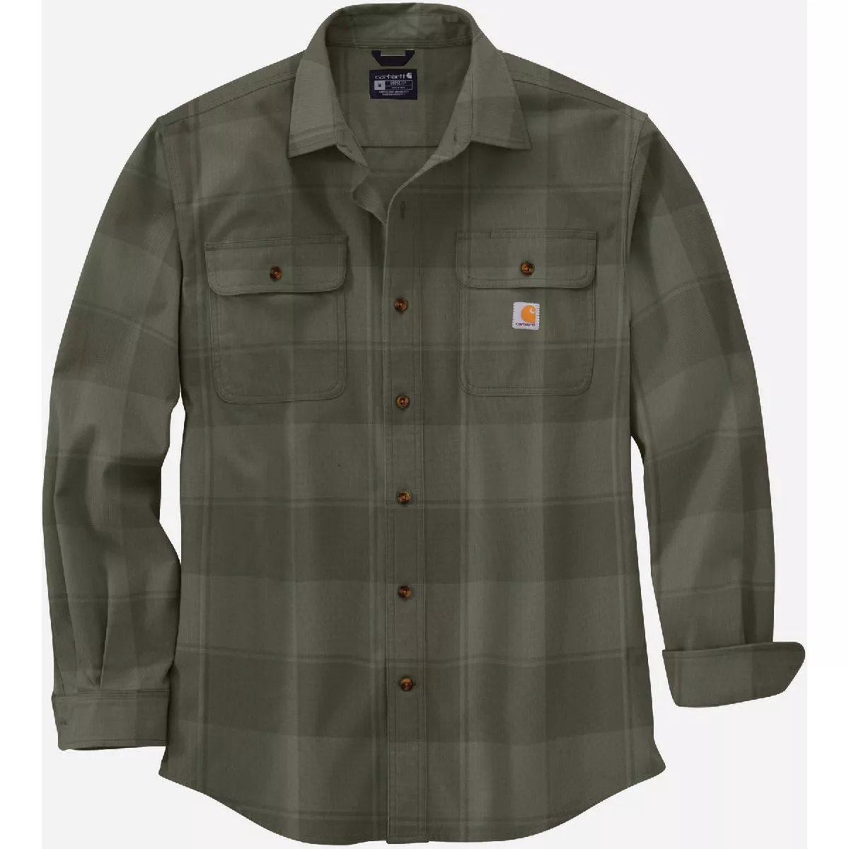 Carhartt Men's L Regular Dusty Olive Heavyweight Flannel Long-Sleeve Button Down Plaid Shirt, Loose Fit